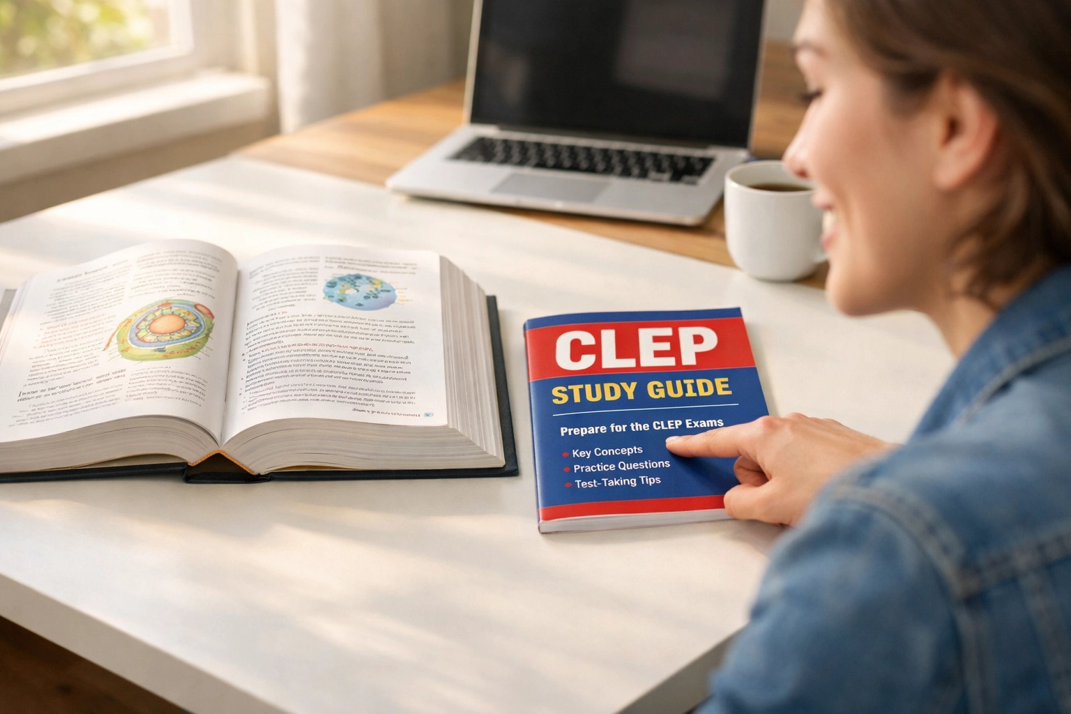 Student comparing large college textbook to compact CLEP study guide at desk