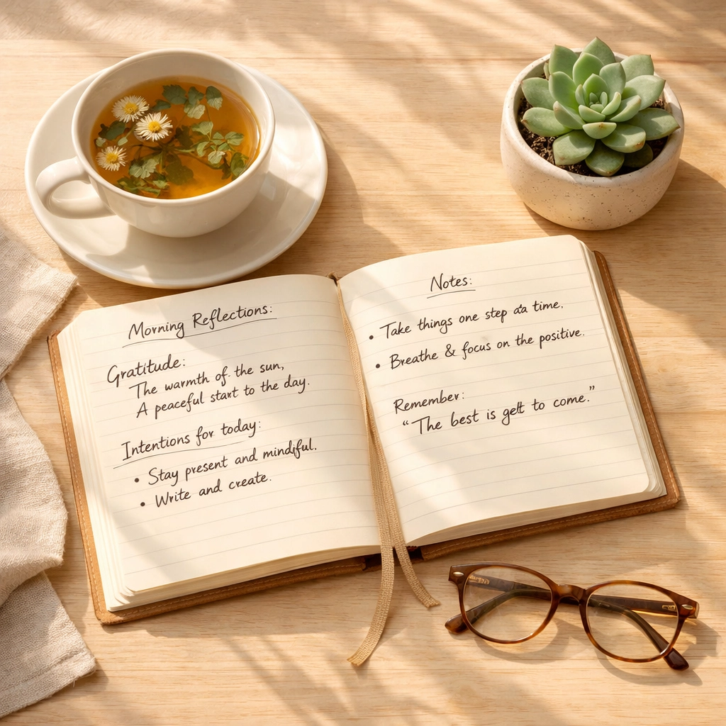 Journal and tea representing clarity and understanding after ADHD diagnosis