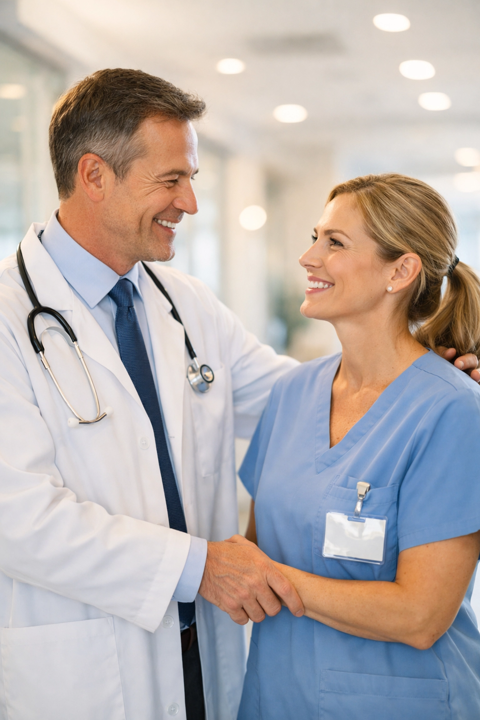 Doctor and staff member discussing employee retention and executive bonus plans in a modern clinic.