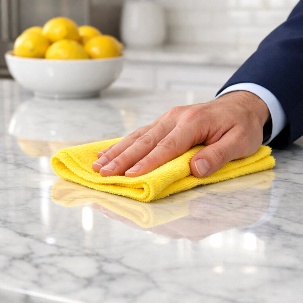 Close-up of professional cleaners sanitizing a marble kitchen island for high-end residential cleaning.