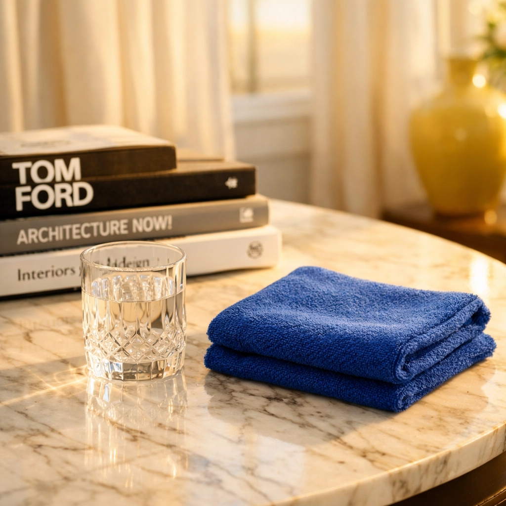 Professional microfiber cloth for safe spill cleanup on a luxury marble surface.