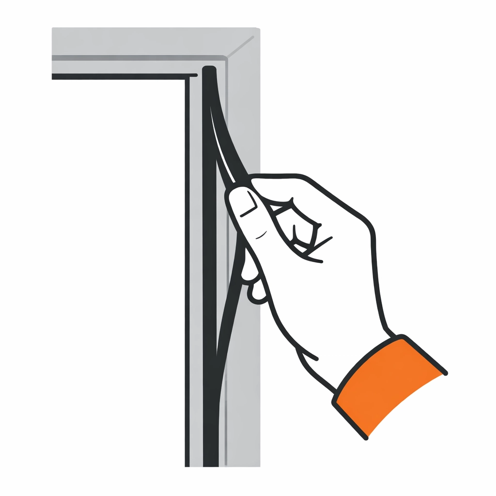 Inspecting door frame weatherstripping for repairs in North Vancouver.