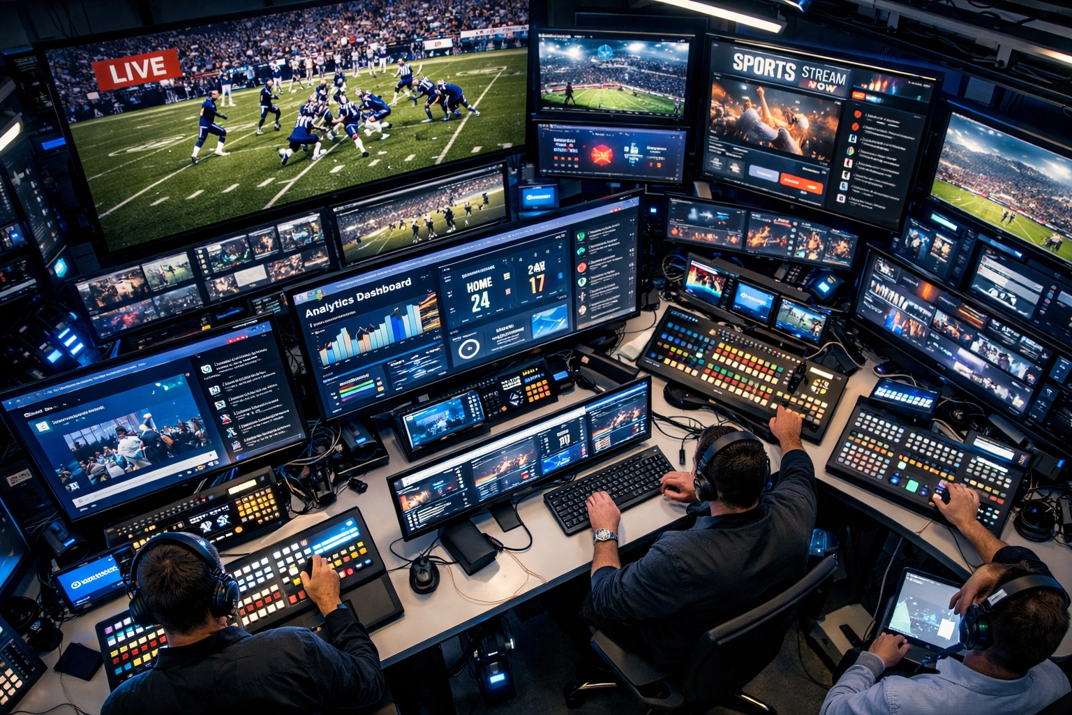 Modern sports media control room with multiple screens displaying live broadcasts and analytics dashboards