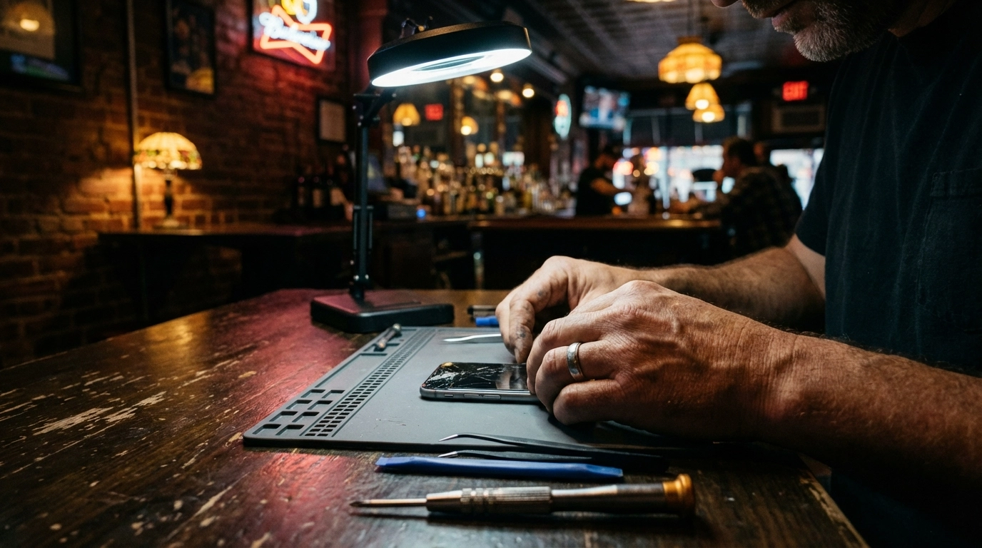 Phone repair in a low-lit sports bar in Bed-Stuy—technician fixing an iPhone at a local hangout
