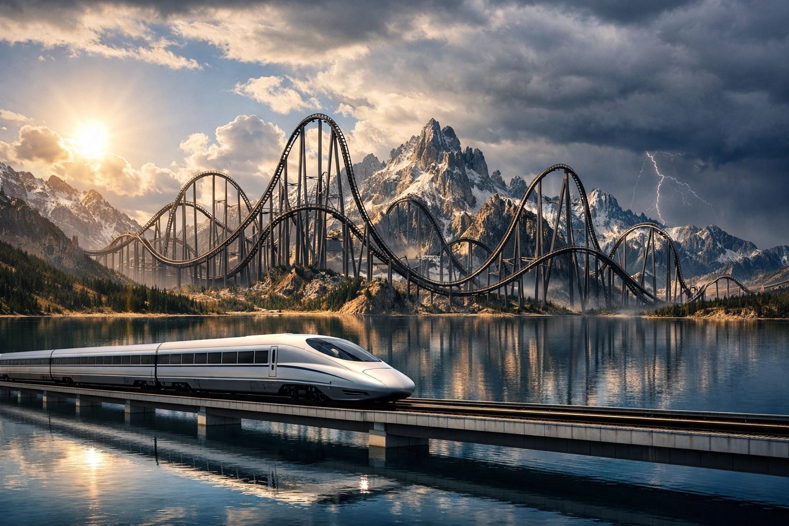 A roller coaster representing stock market volatility contrasted with a steady train for bond stability.