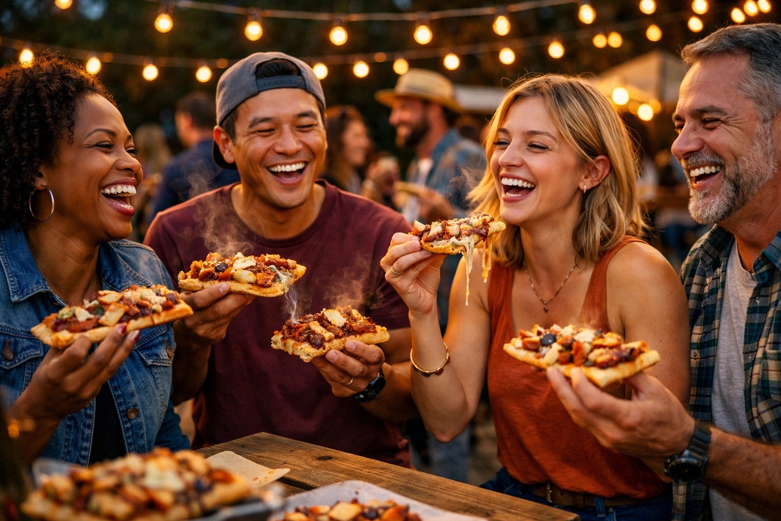 Guests enjoying BBQ flatbreads at outdoor catering event in Utah with string lights
