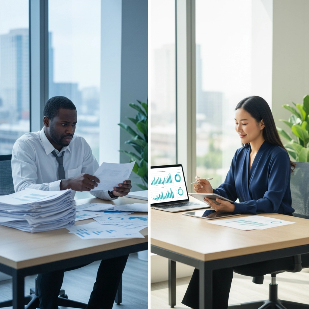 men and woman sitting and looking at reports