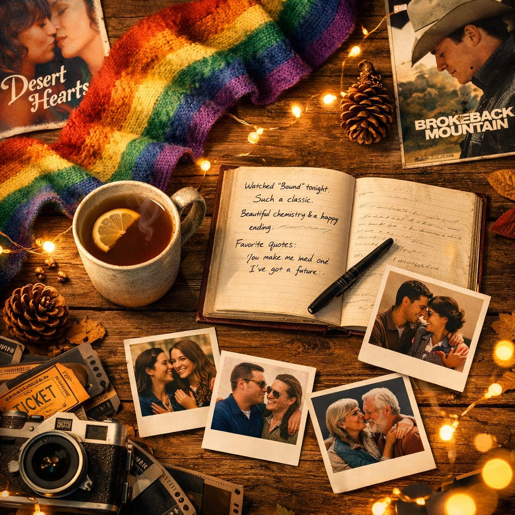LGBTQ+ film collection with rainbow pride scarf and cozy winter movie night essentials