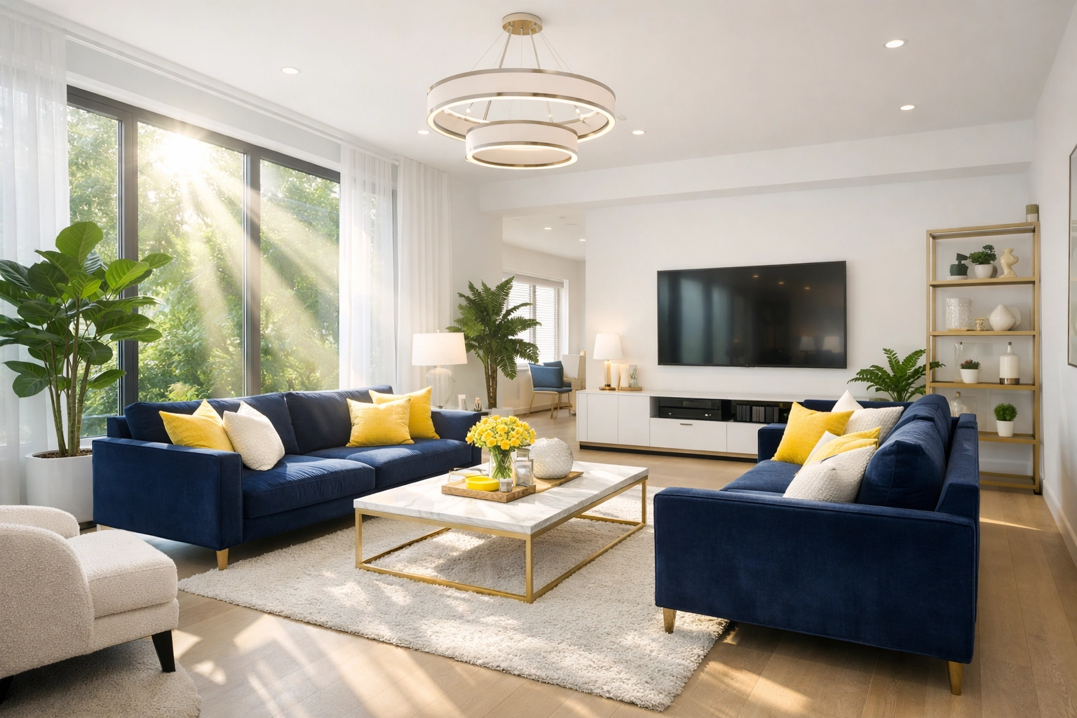 Clean, sun-drenched living room with indoor plants promoting healthy air quality through green cleaning.