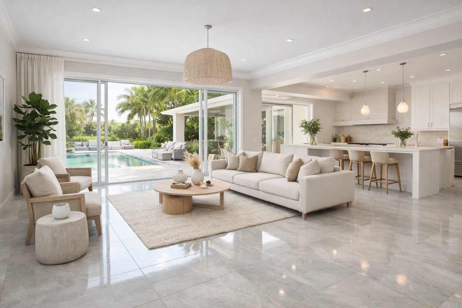 Open-concept Orlando flooring renovation featuring large-format grey porcelain tiles.
