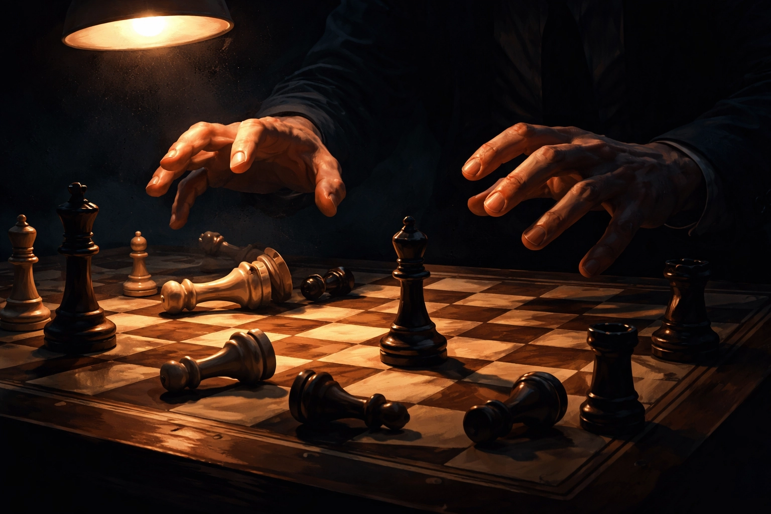 Chess player's hands hesitating over board, illustrating the risk of emotional investing