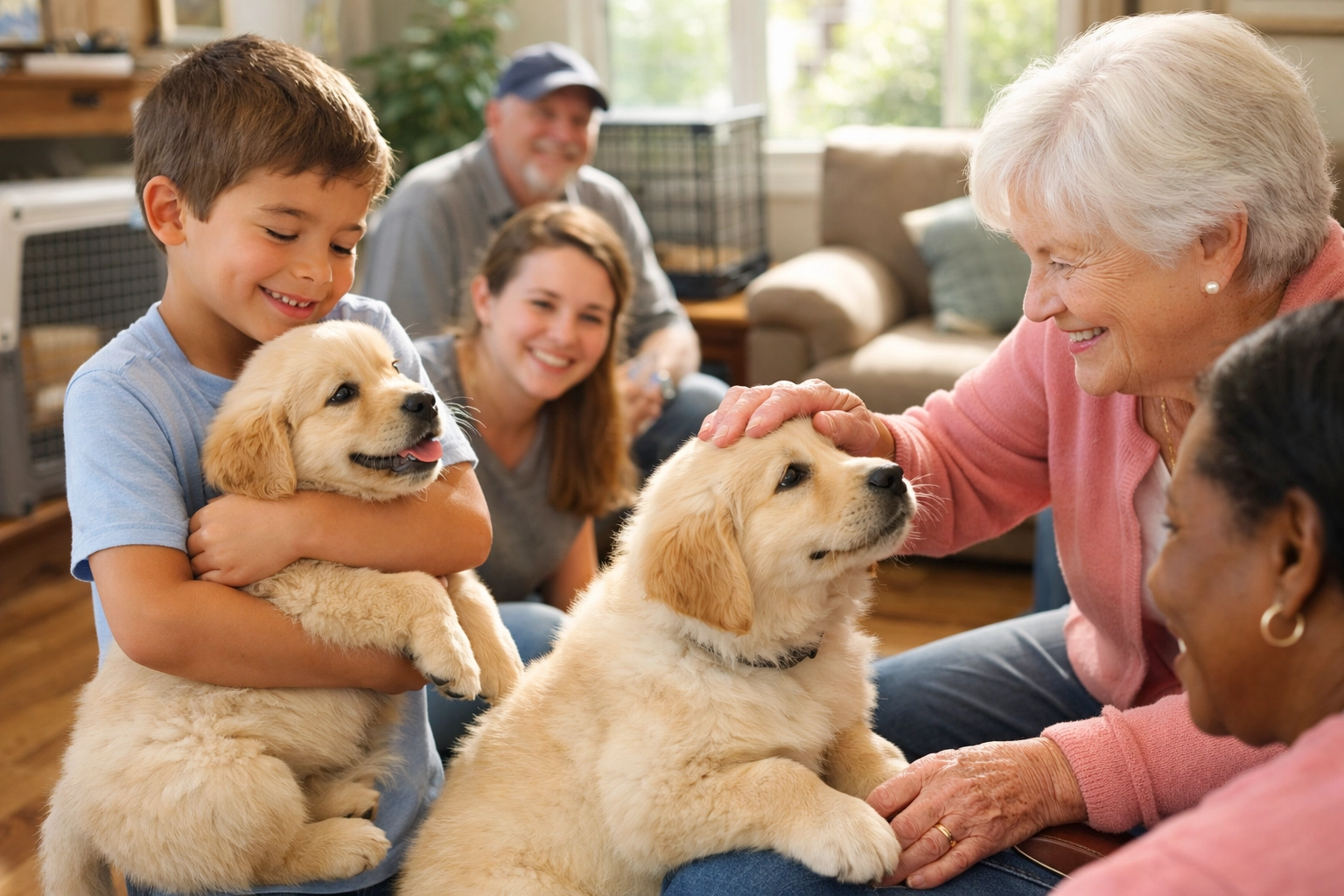 Golden Retriever puppies socializing with people of all ages at NextGen Goldens in Oregon