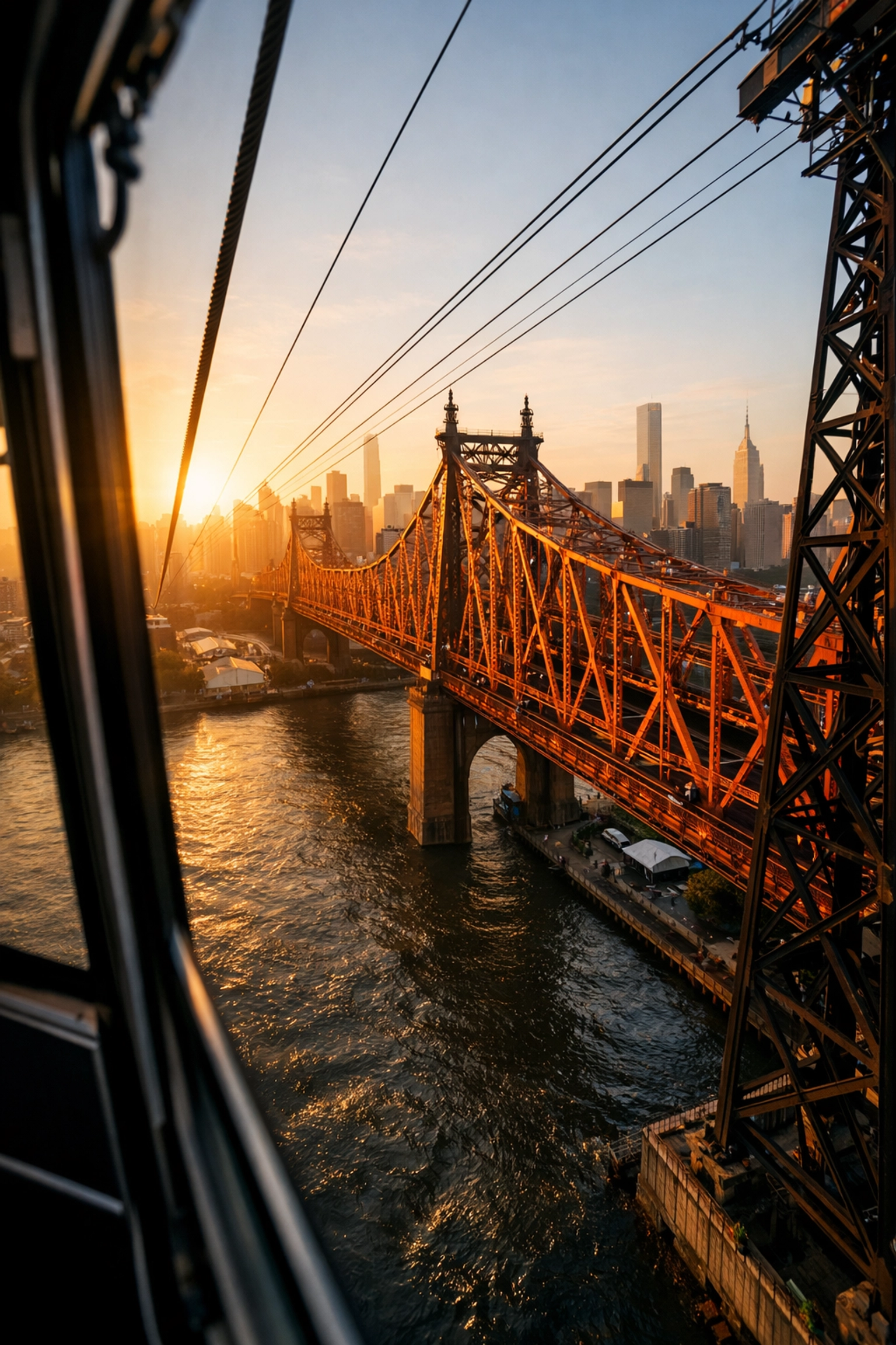 Sunrise view of the Queensboro Bridge and Manhattan skyline from the Roosevelt Island Tram in New York City.
