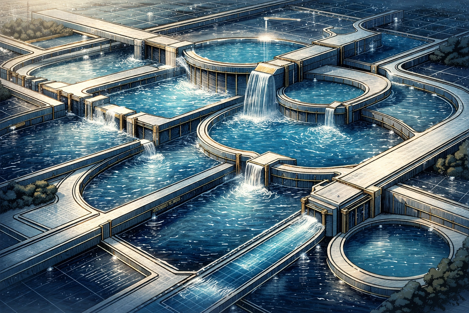 A network of water channels visualizing hedge fund capital flow, liquidity management, and portfolio diversification.