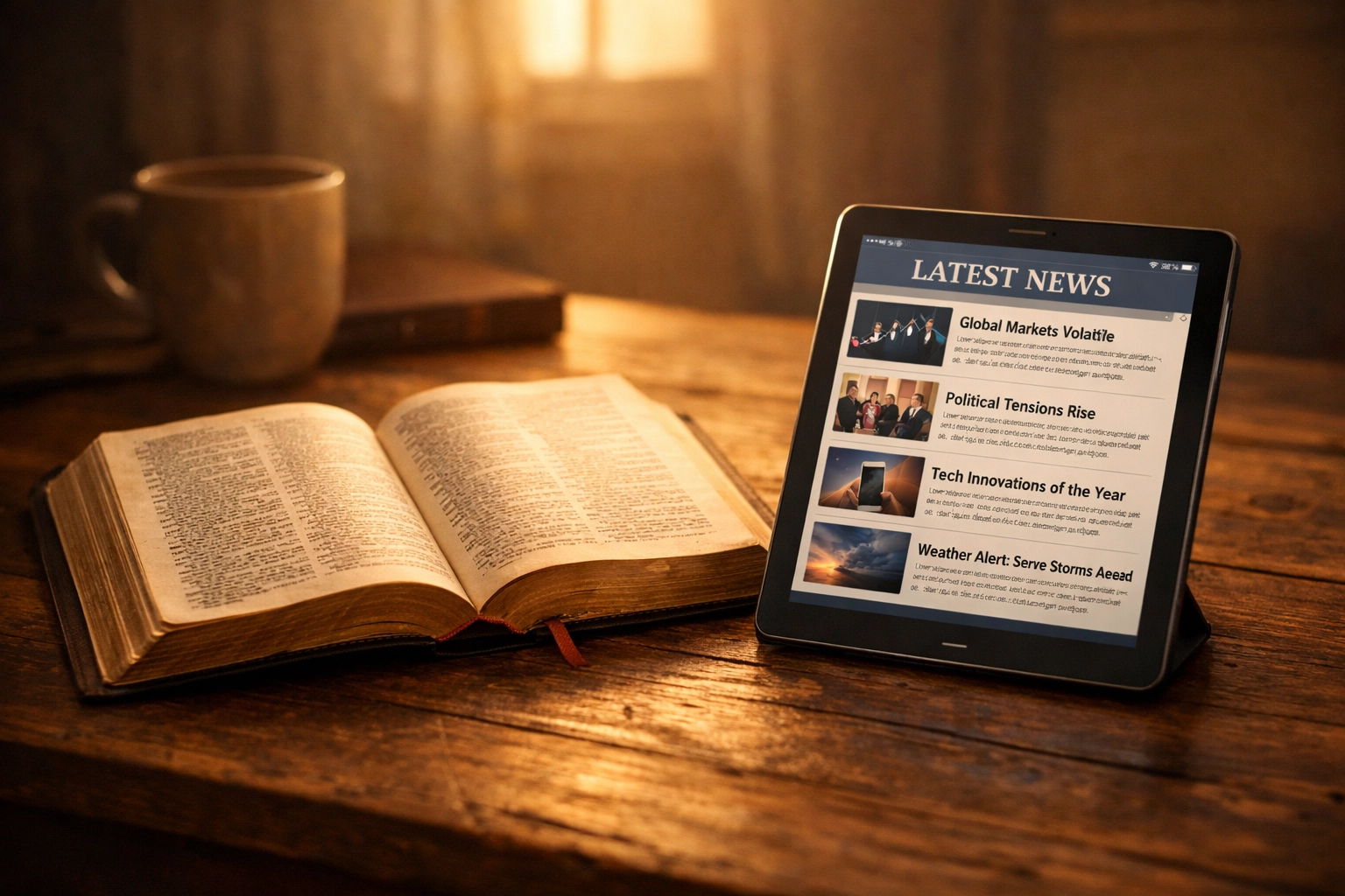Open Bible beside tablet with news headlines balancing spiritual wisdom and staying informed