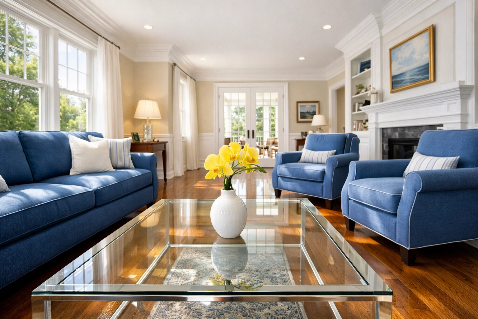 Professional house cleaning in Deerfield, MA: immaculate living room showing detailed residential cleaning results.