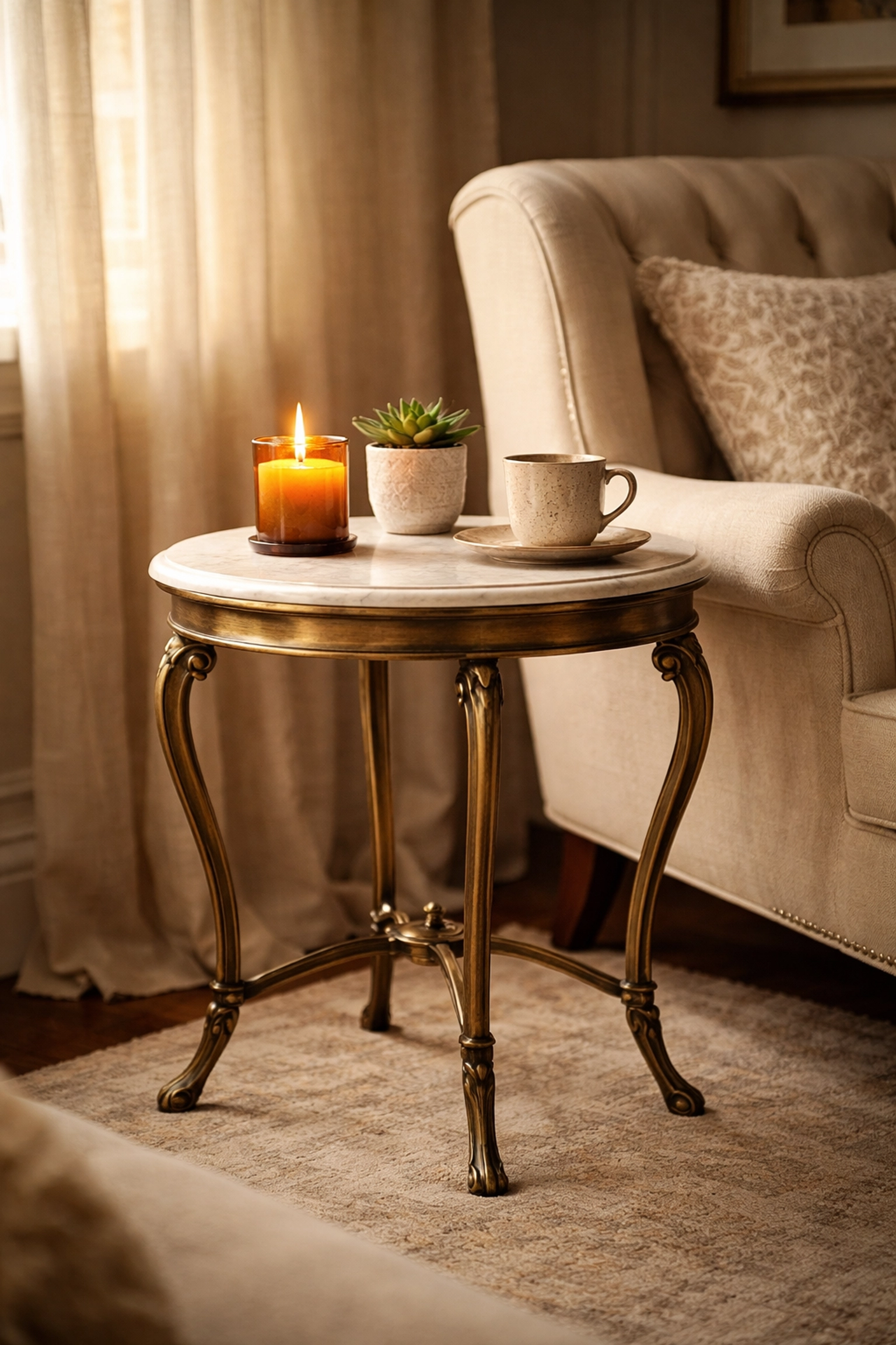 Vintage brass and marble side table beside a plush armchair in a cozy, luxury reading nook