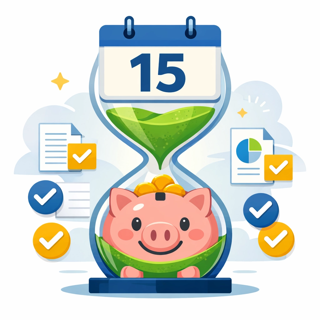 Hourglass and piggy bank icon representing early tax planning to maximize tax refund.