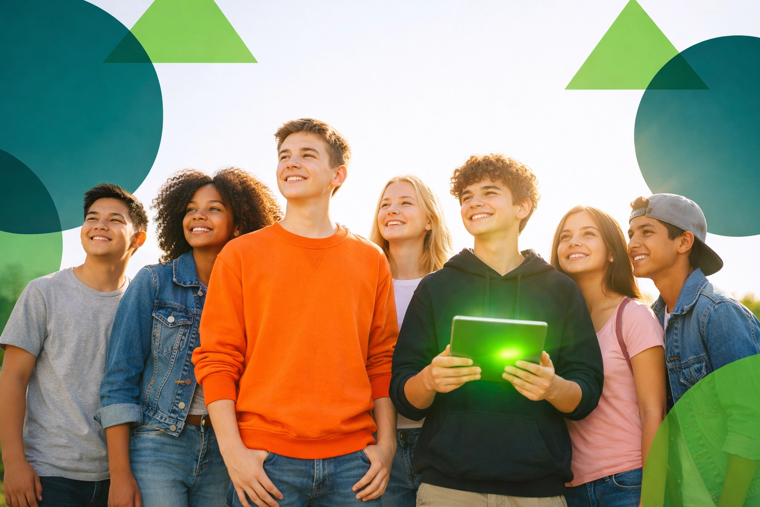 Diverse group of confident teenagers standing in a sunny park, prepared for their future through empowerment.
