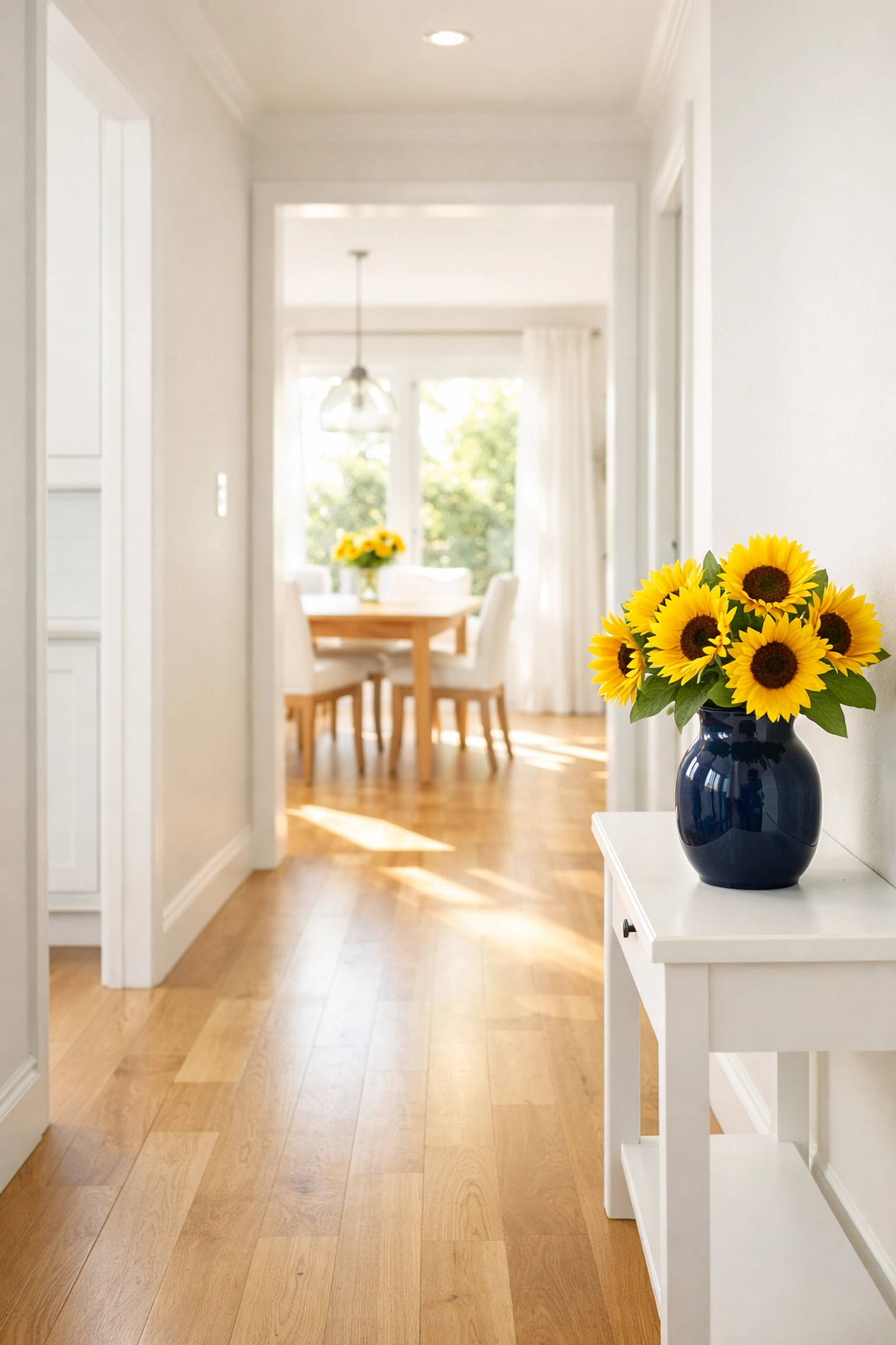 Sunlit hallway and clean dining area in a healthy, professionally cleaned Natick home.