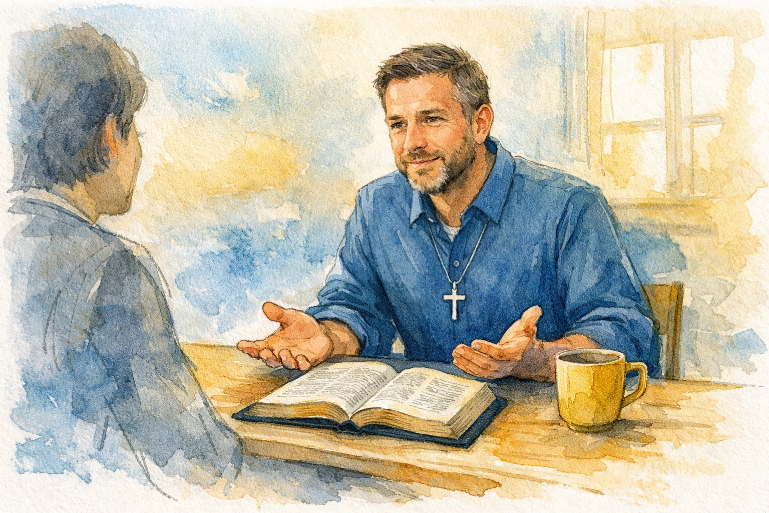 Christian leader listening with Bible open during pastoral mentoring conversation