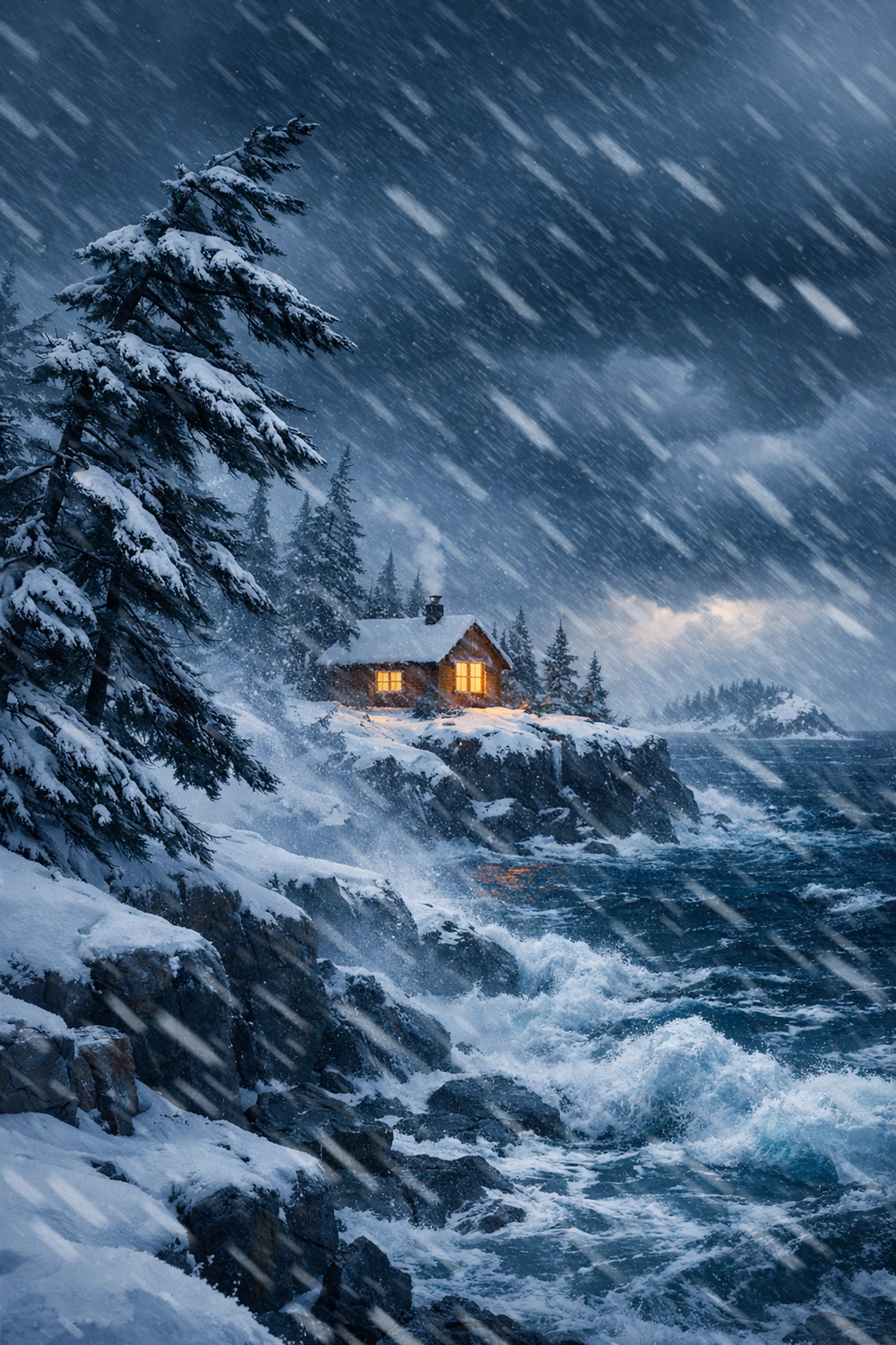 Winter blizzard conditions on Minnesota North Shore with snow-covered cabin providing shelter