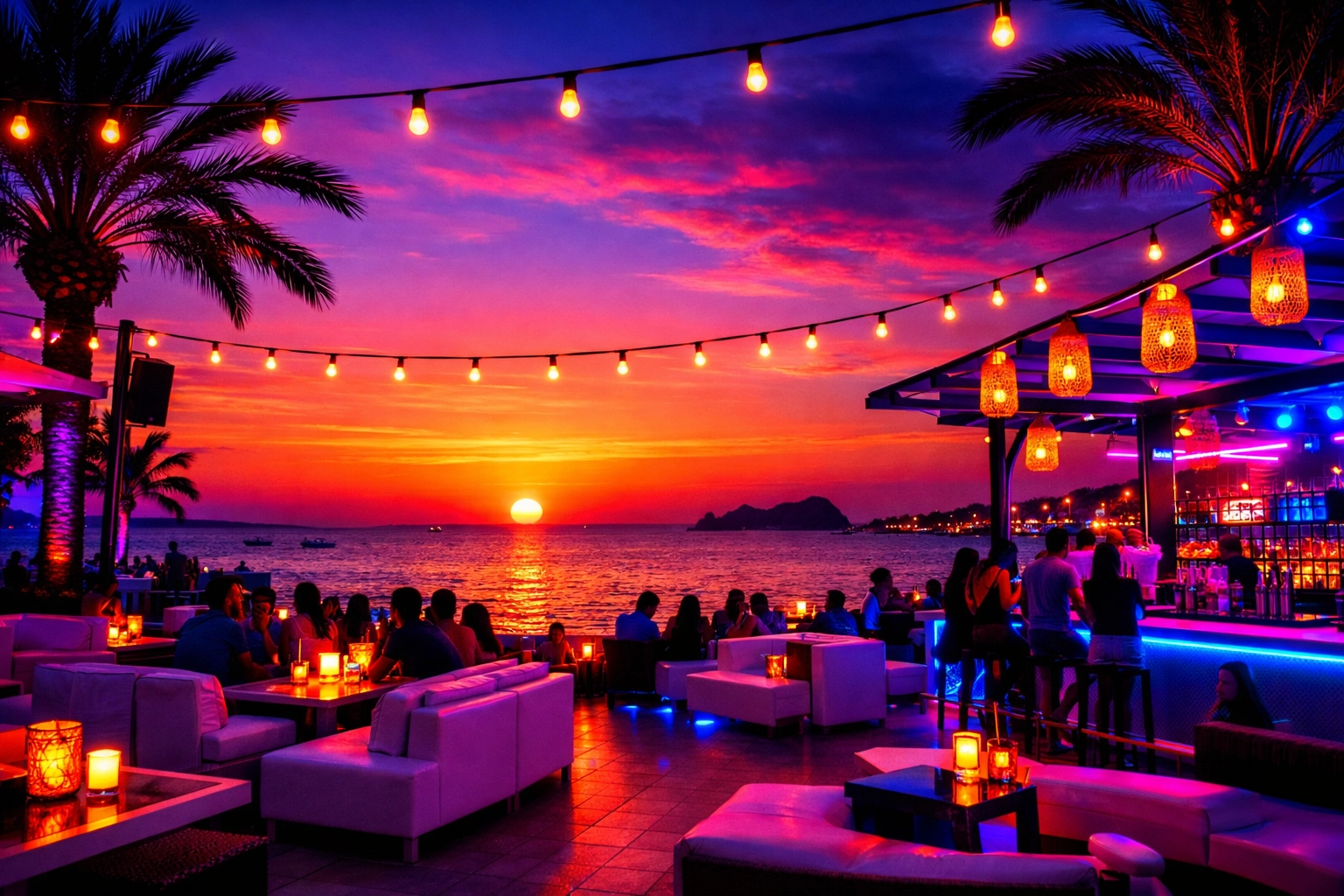 Ibiza beachfront sunset view from outdoor venue terrace