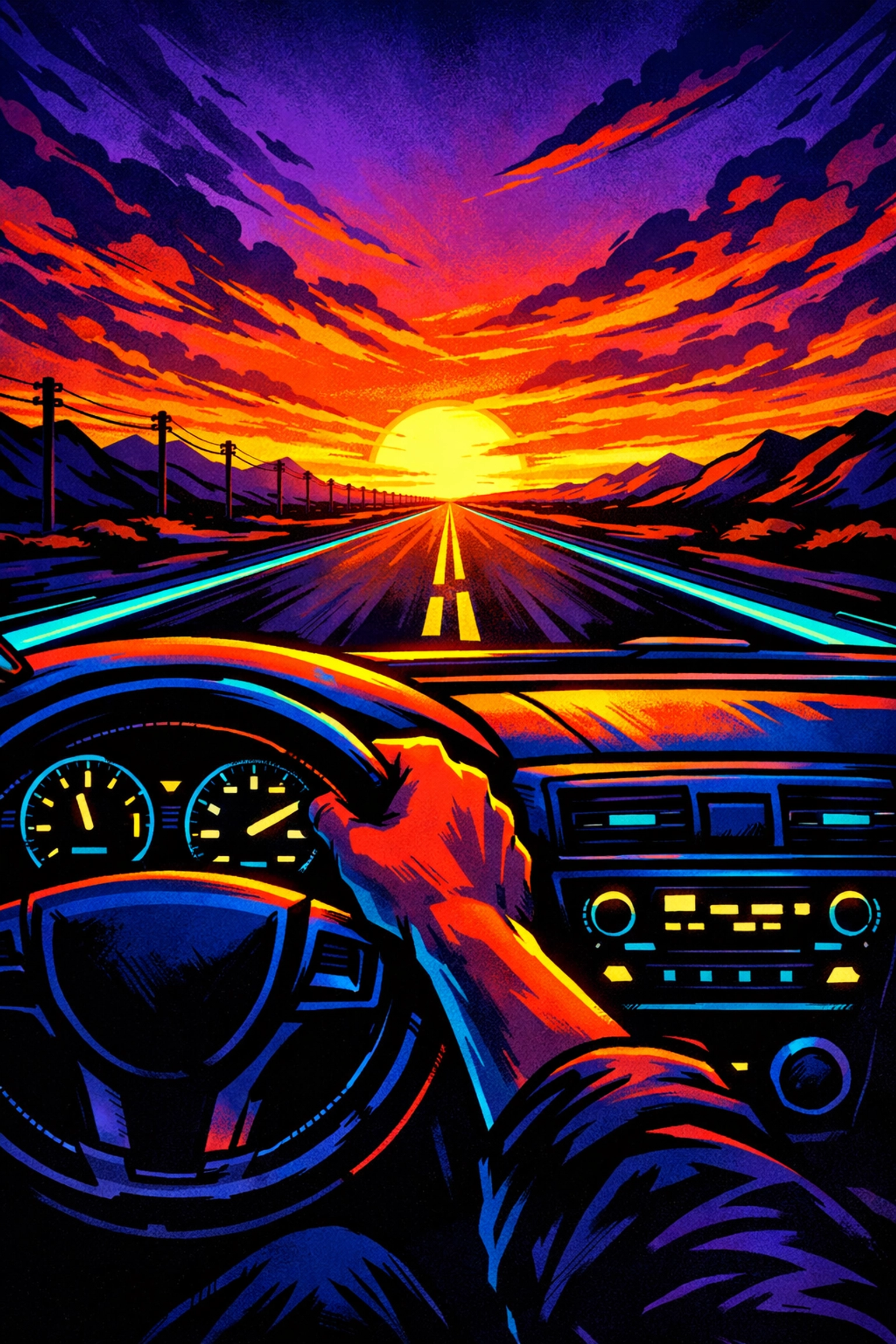 Person driving toward a sunset, symbolizing the journey to better credit through an auto loan at Grateful Motors.