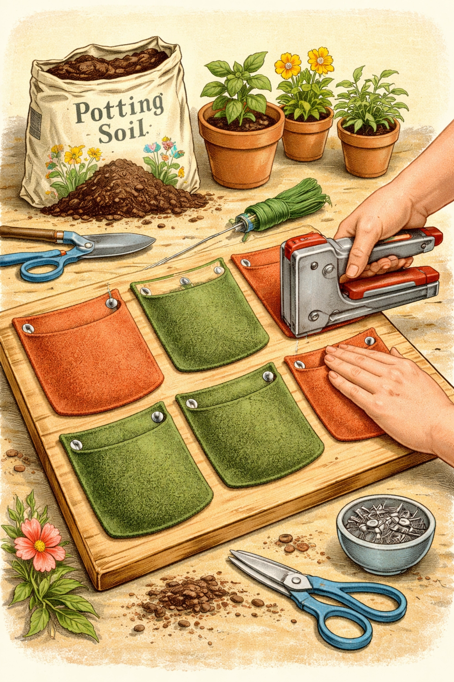 Whimsical illustration of hands using a staple gun to attach felt pockets to a board for a vertical planter project.