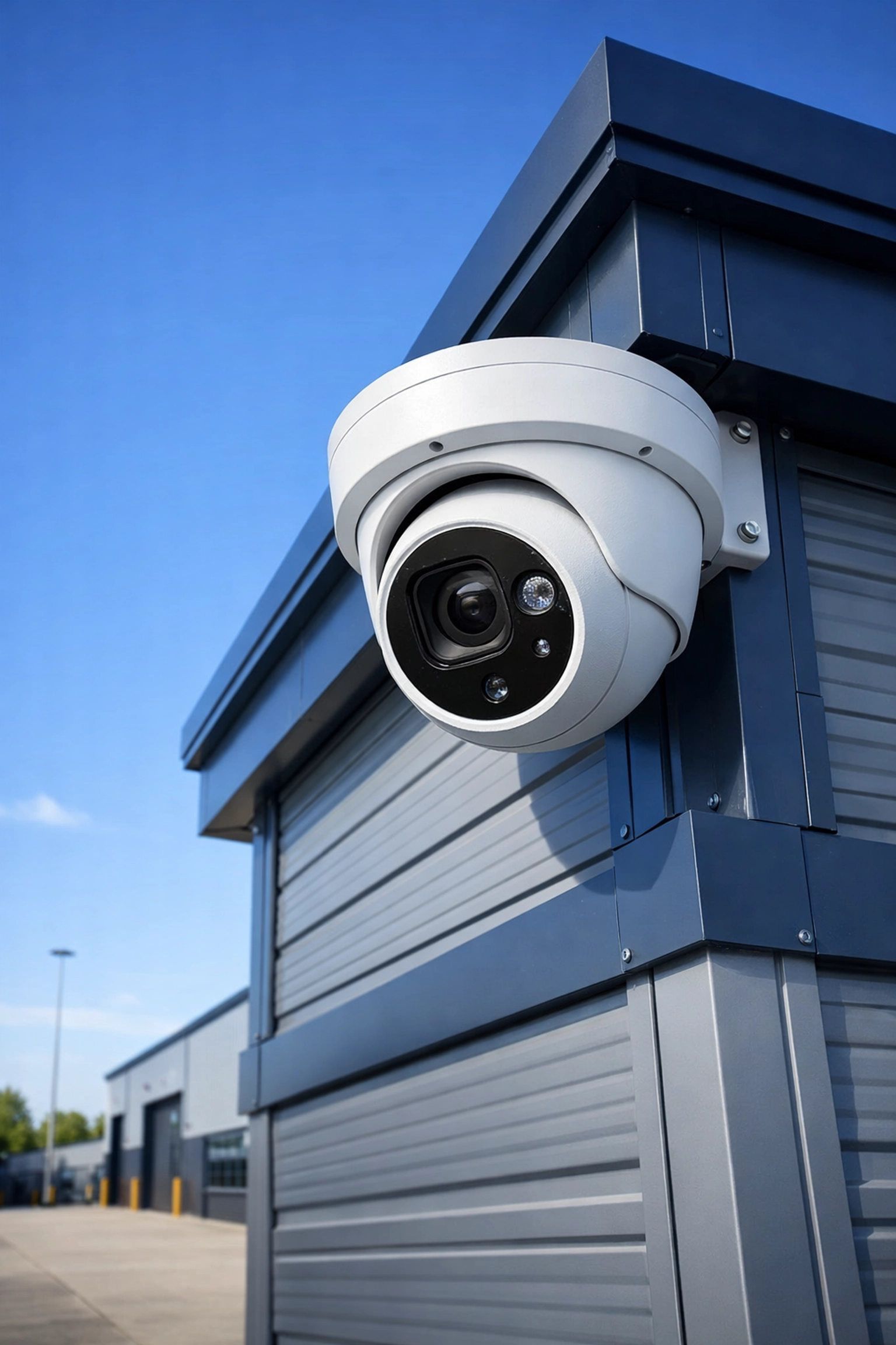 Professional security camera installation on a warehouse exterior for robust commercial protection.