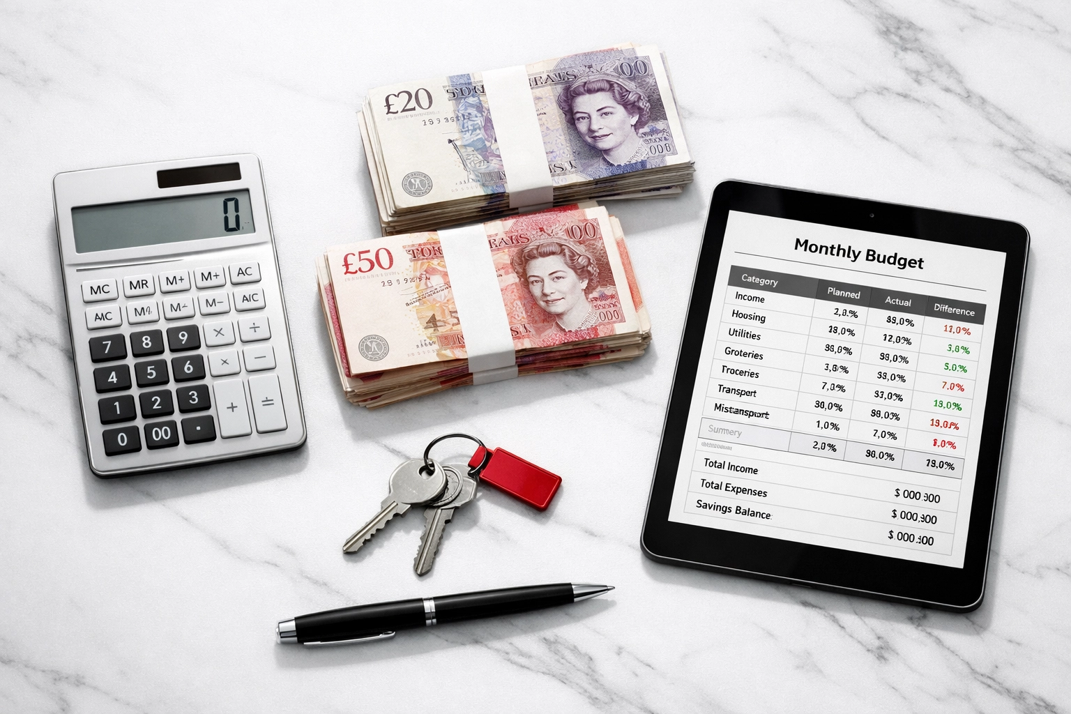 First time buyer budget planning with calculator, house keys and financial documents