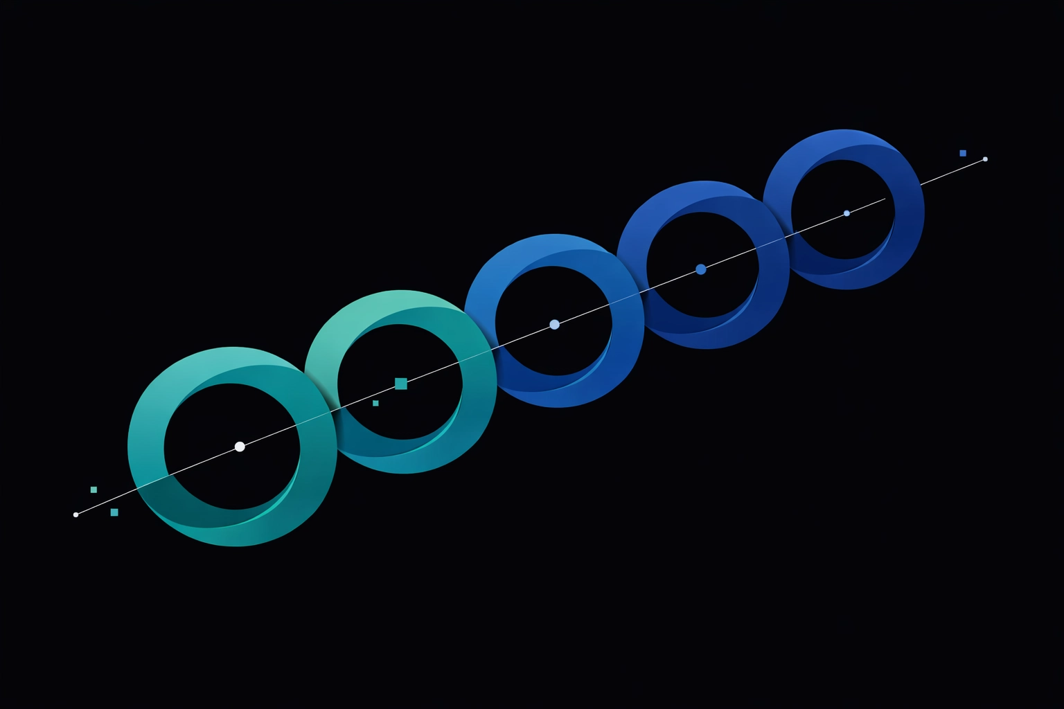 Interlocking geometric rings representing the DMAIC phases for a Six Sigma White Belt practice test.