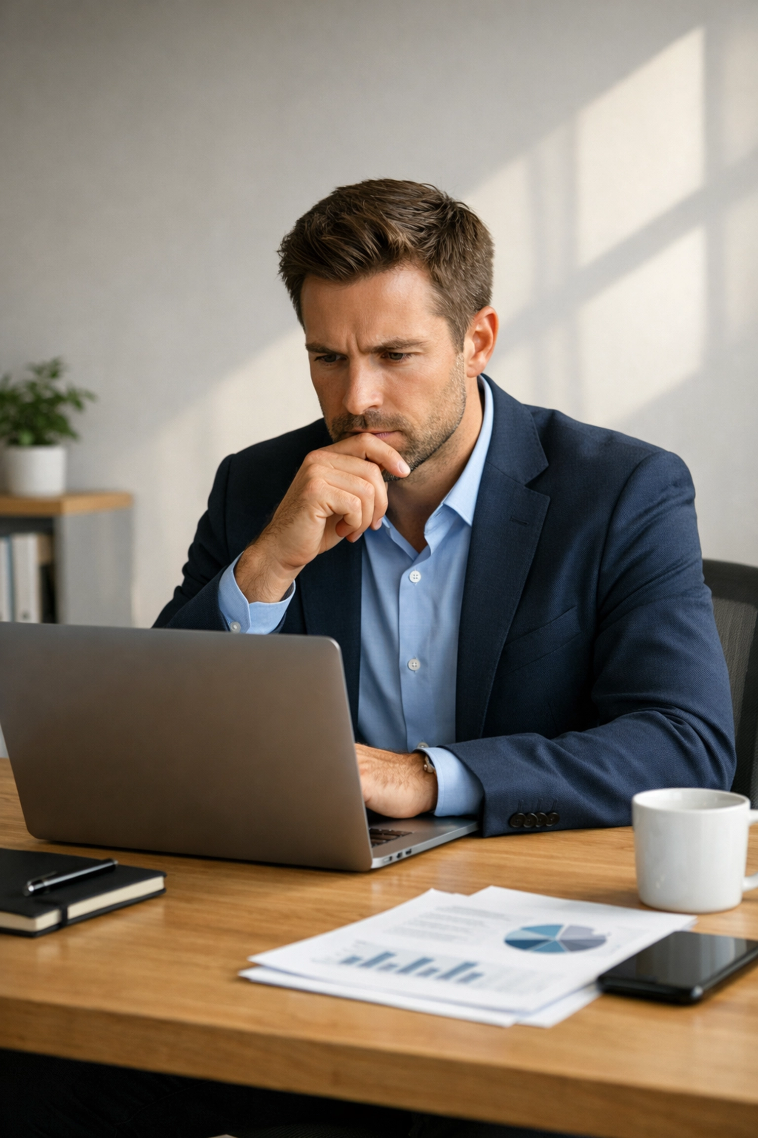 Professional marketing strategist at a desk focusing on targeted business growth strategies.