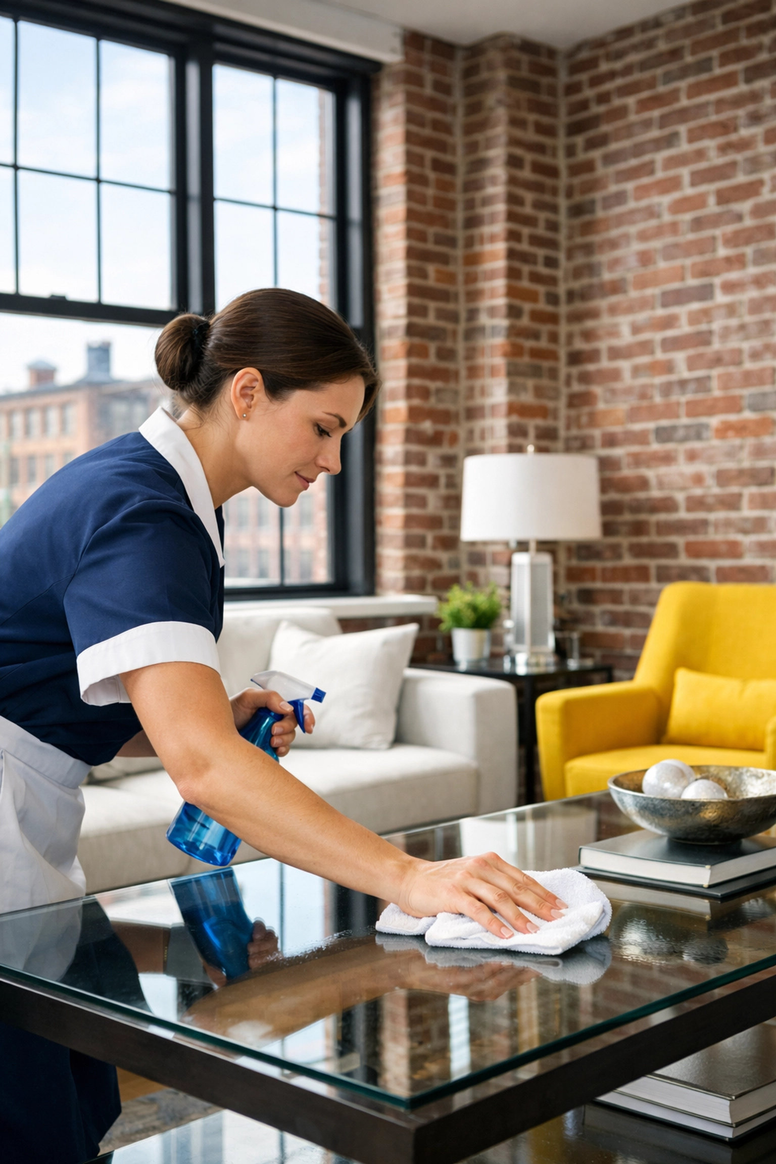 Expert house cleaning Lowell MA professional polishing glass in a bright historic loft near the canal.