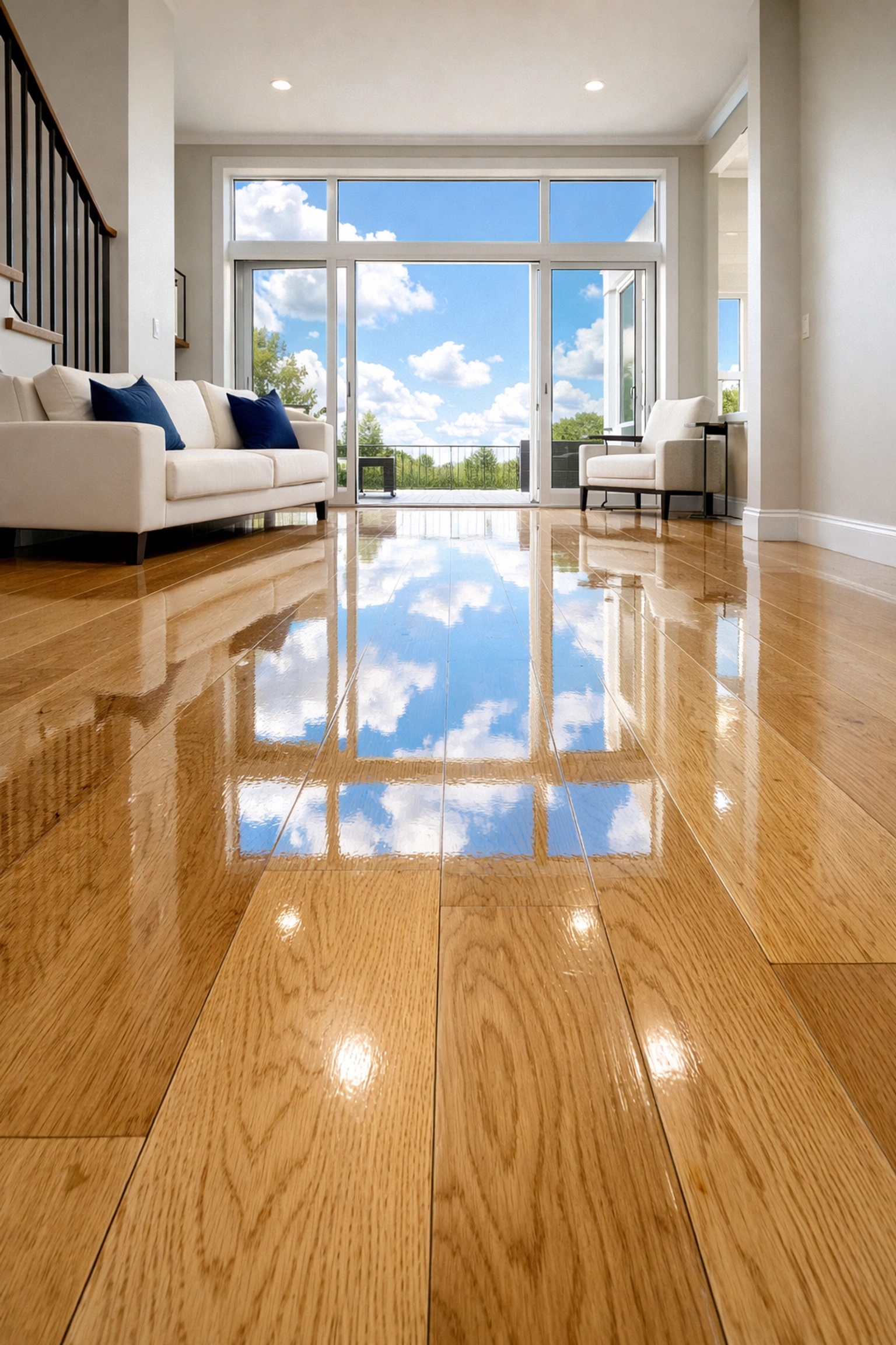 Spotless hardwood floors in a bright home after a deep post construction cleaning in Maynard service.