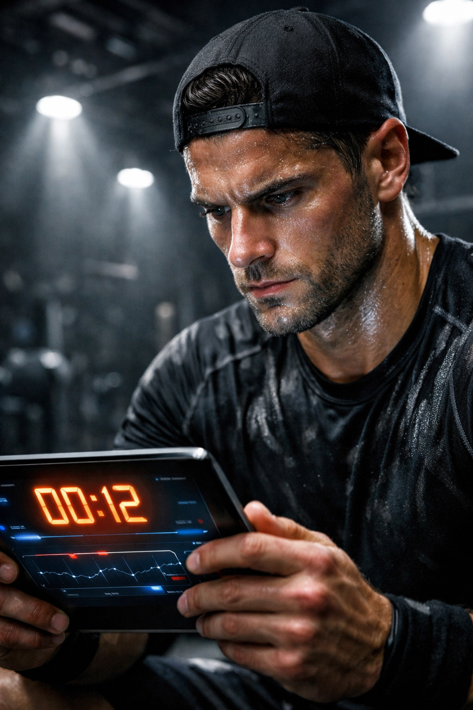 Focused athlete reviewing a digital tablet to manage NIL innovation and Super Bowl campaign strategy