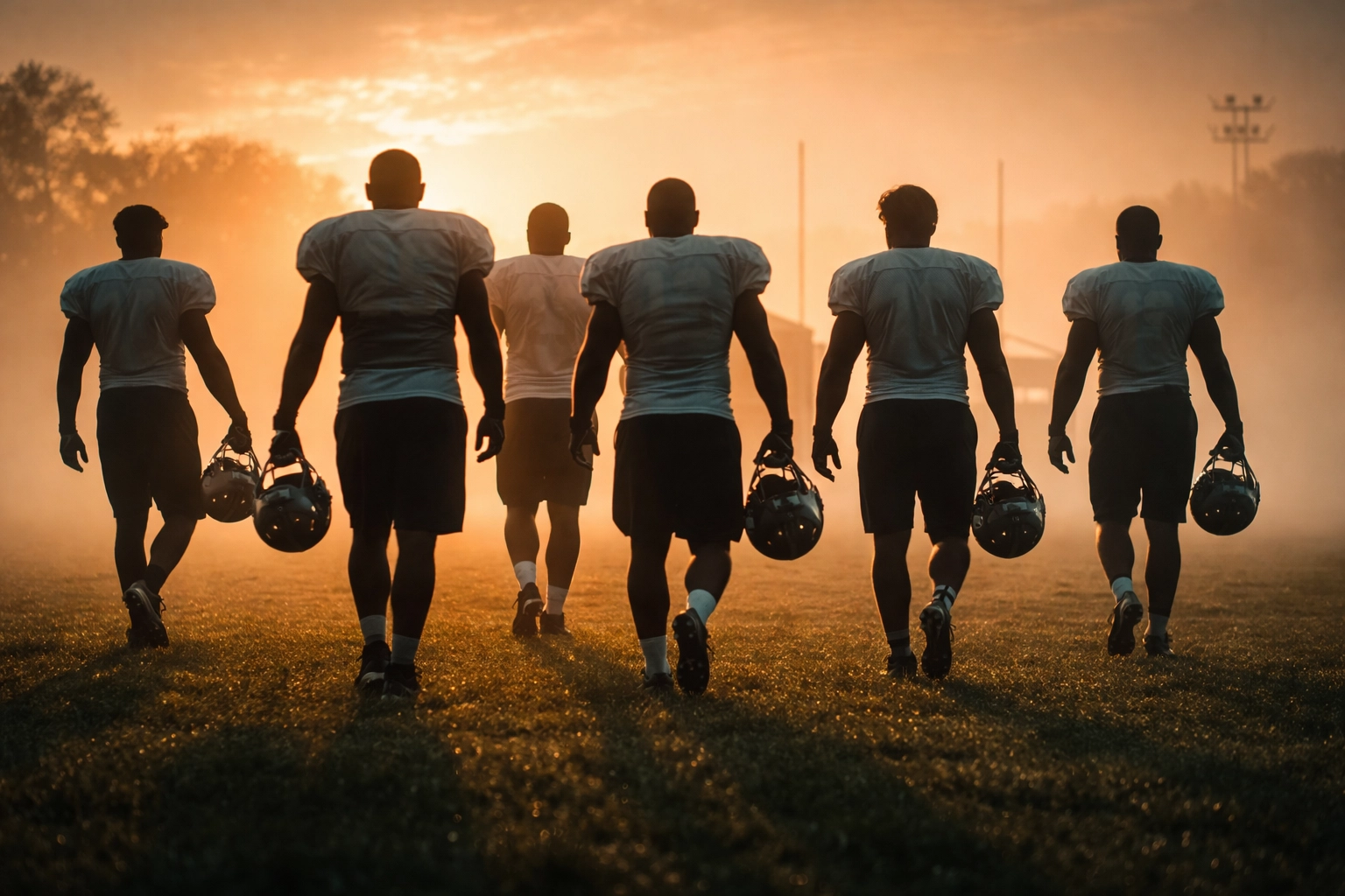 Diverse ECU football recruits walking onto the field at sunrise, highlighting early spring practice and competitive spirit