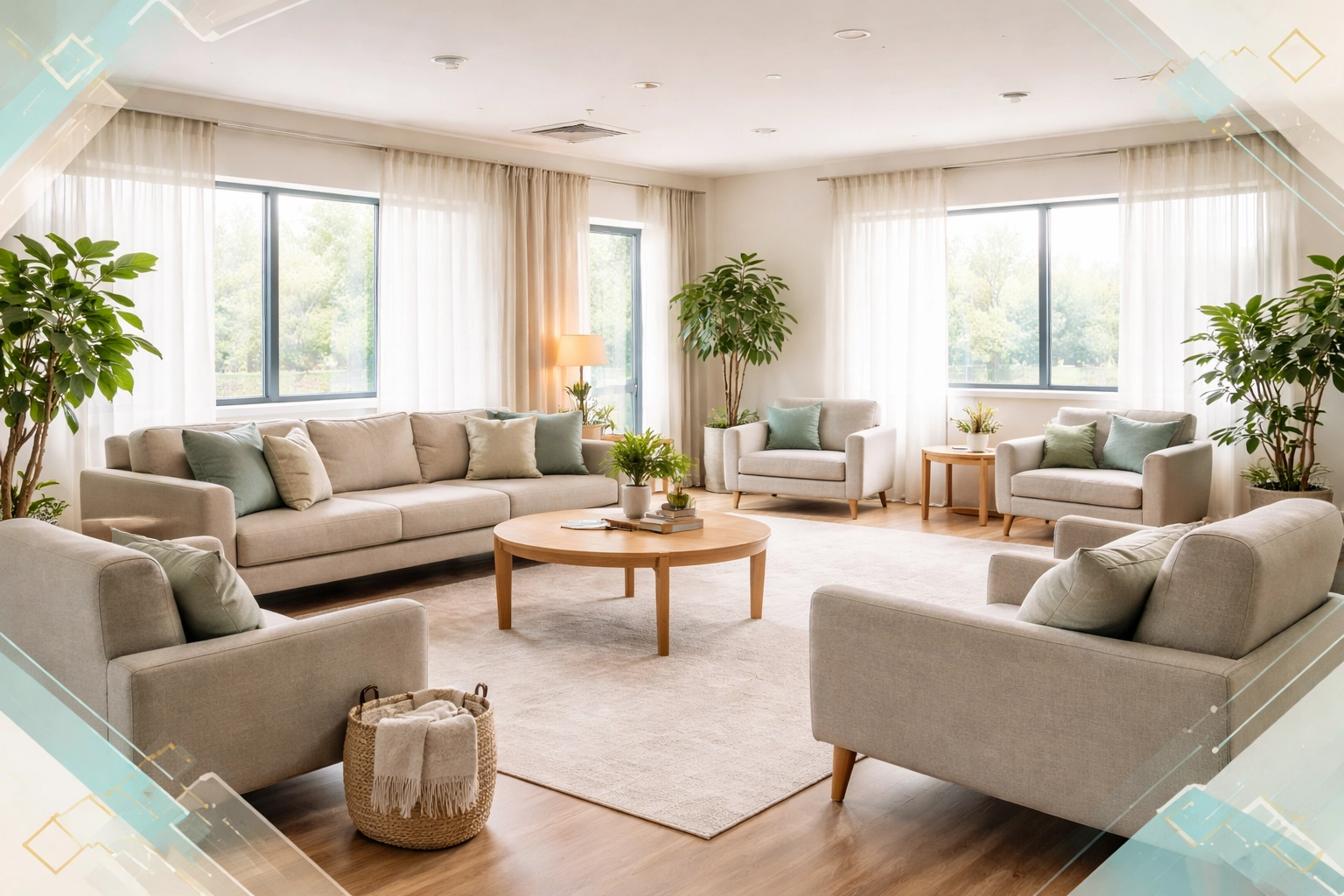 Modern treatment center common area with natural light and comfortable furnishings for client comfort