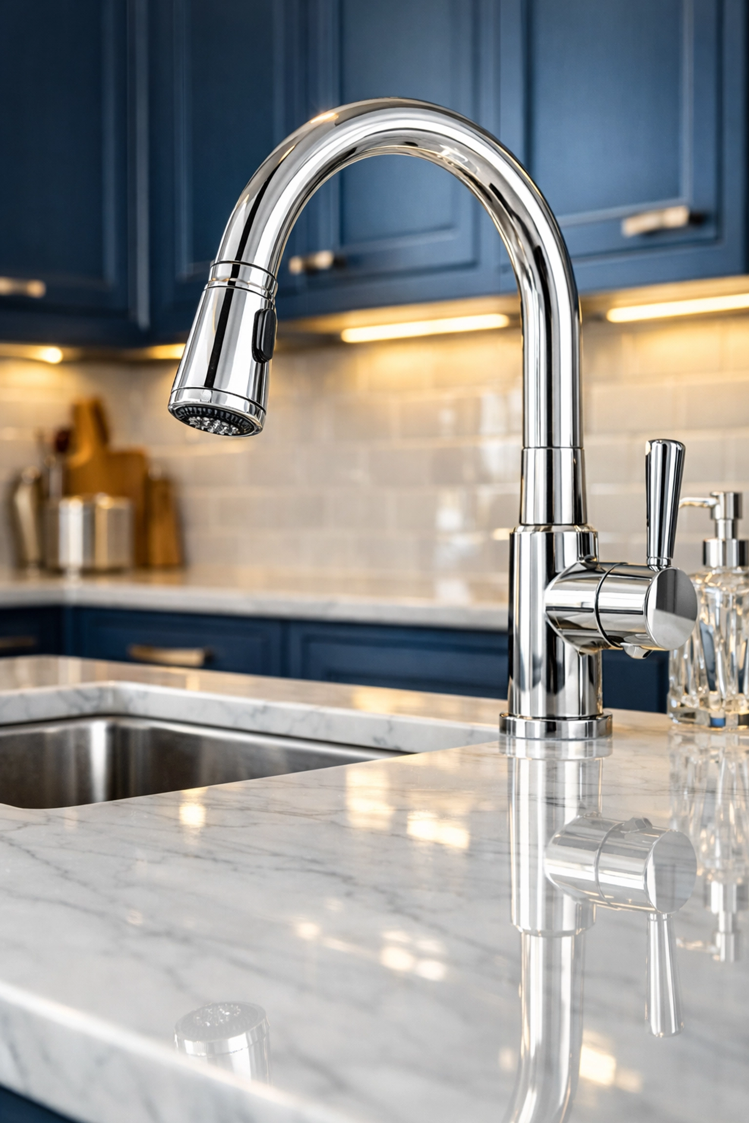 Sparkling clean luxury kitchen faucet and marble counters from a move-out cleaning Worcester MA service.