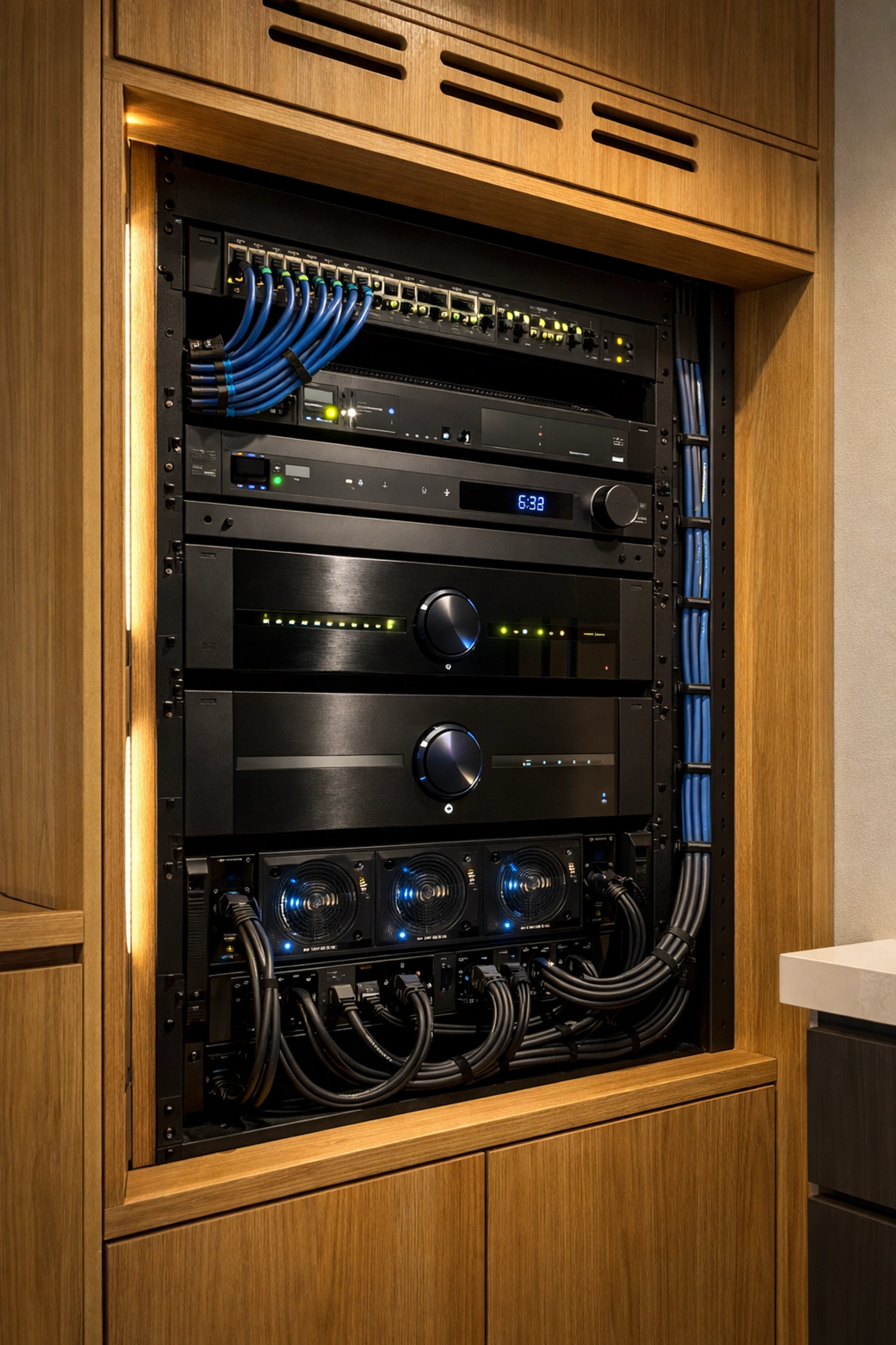Professional AV equipment rack with organized cabling for a stable multiroom audio network.
