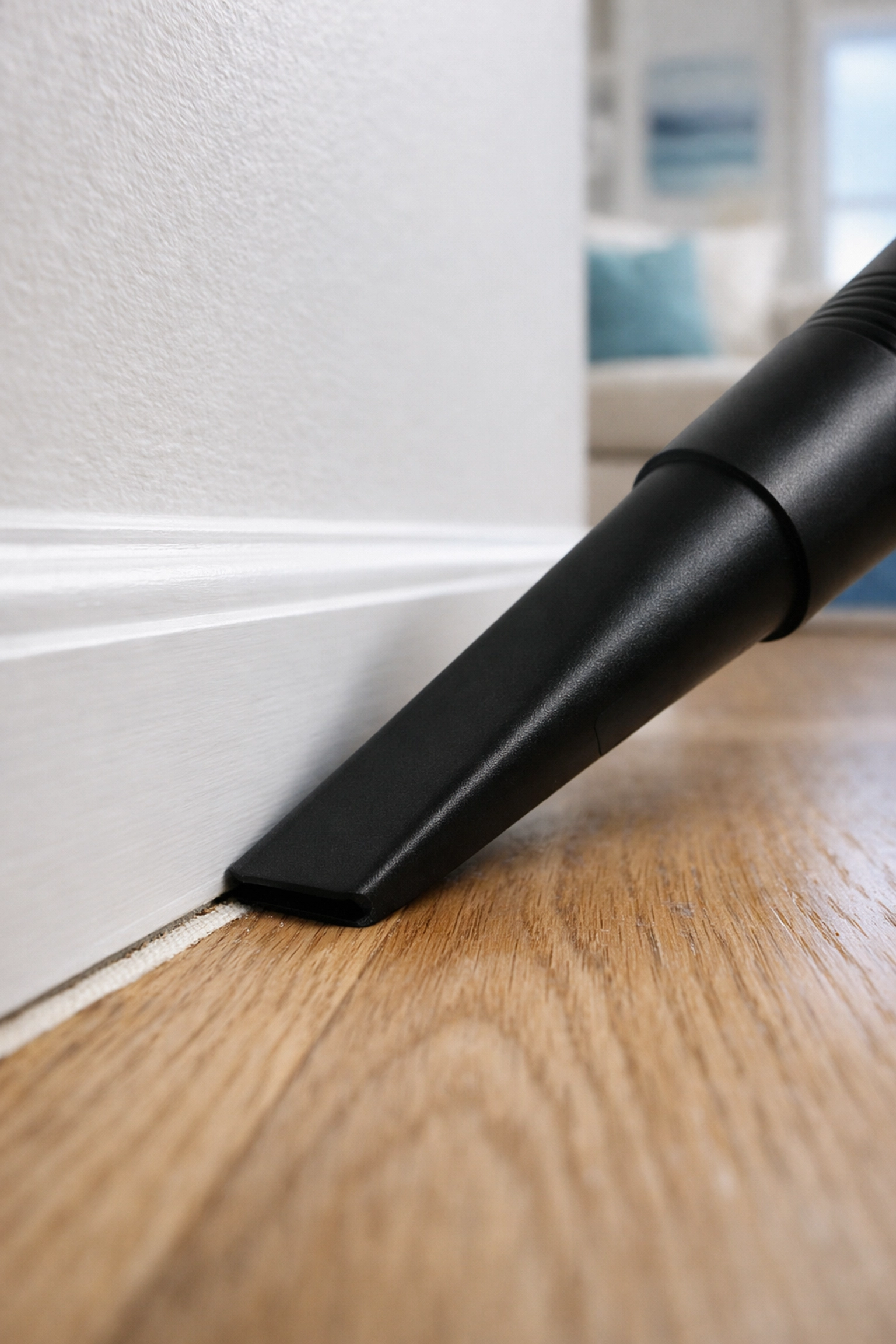 Professional vacuuming removing sand from baseboards in a luxury Duxbury coastal living room.