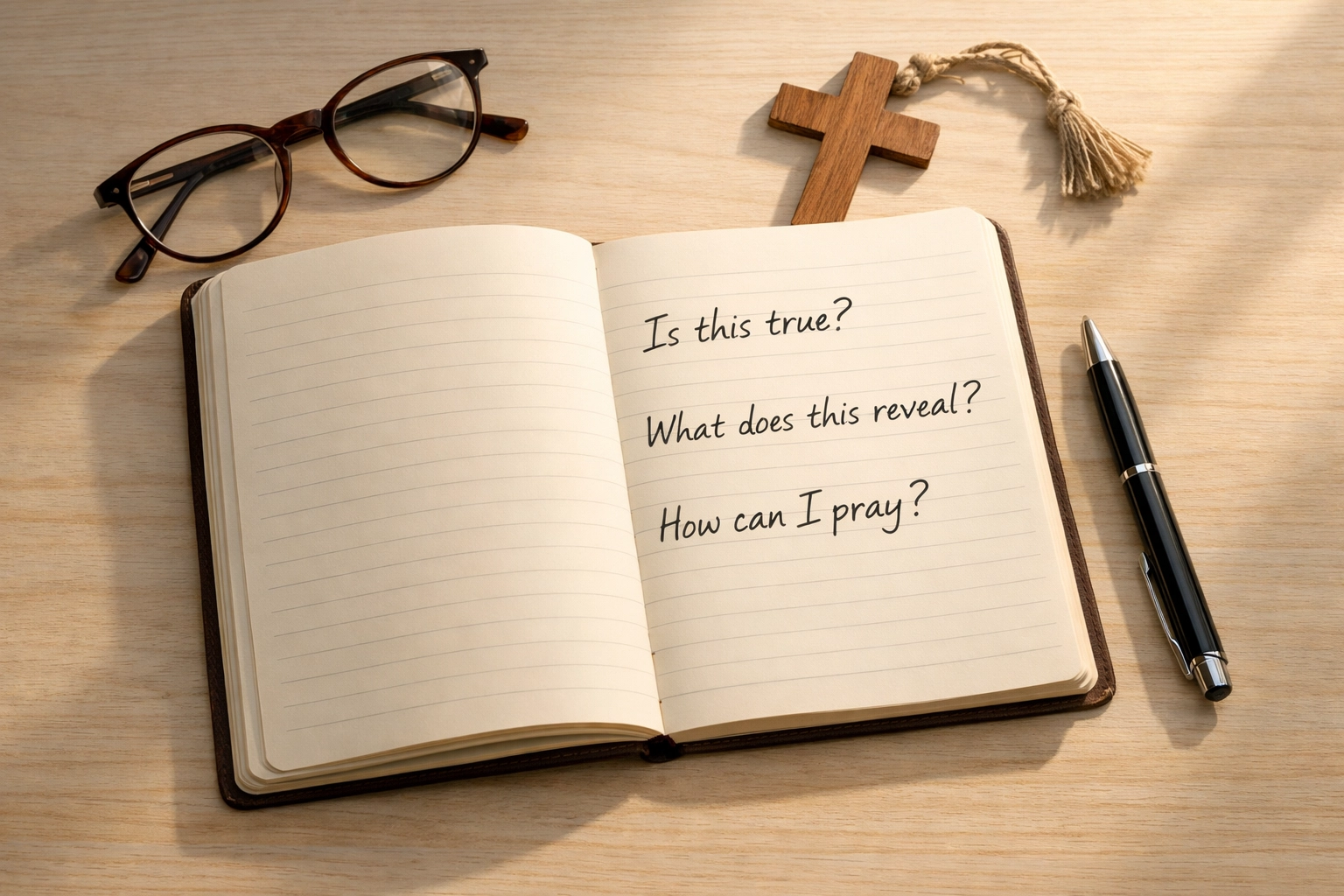 Journal with discernment questions for Christian news consumption and prayer
