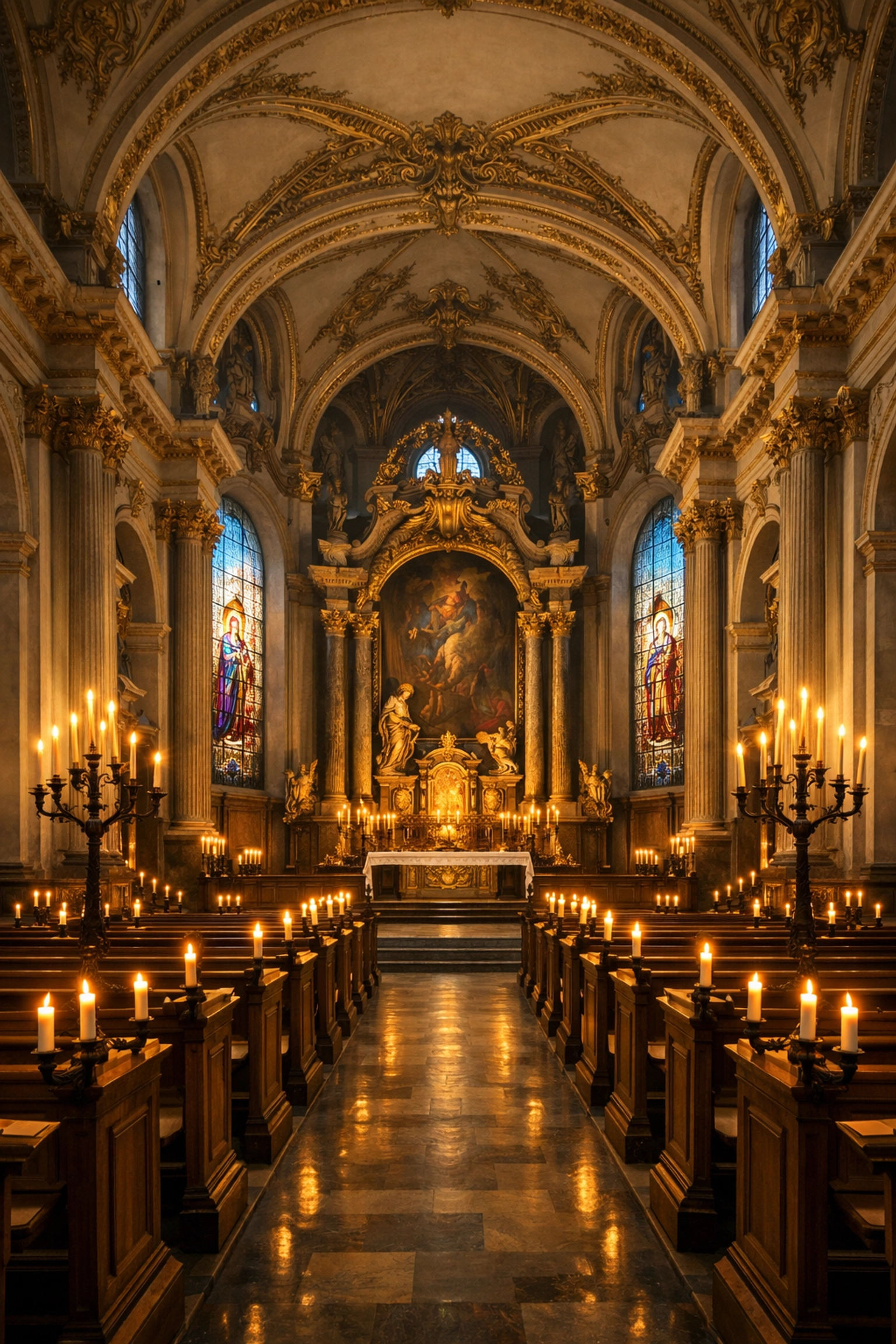 Stockholm Lutheran cathedral interior with candles and stained glass windows for inclusive wedding
