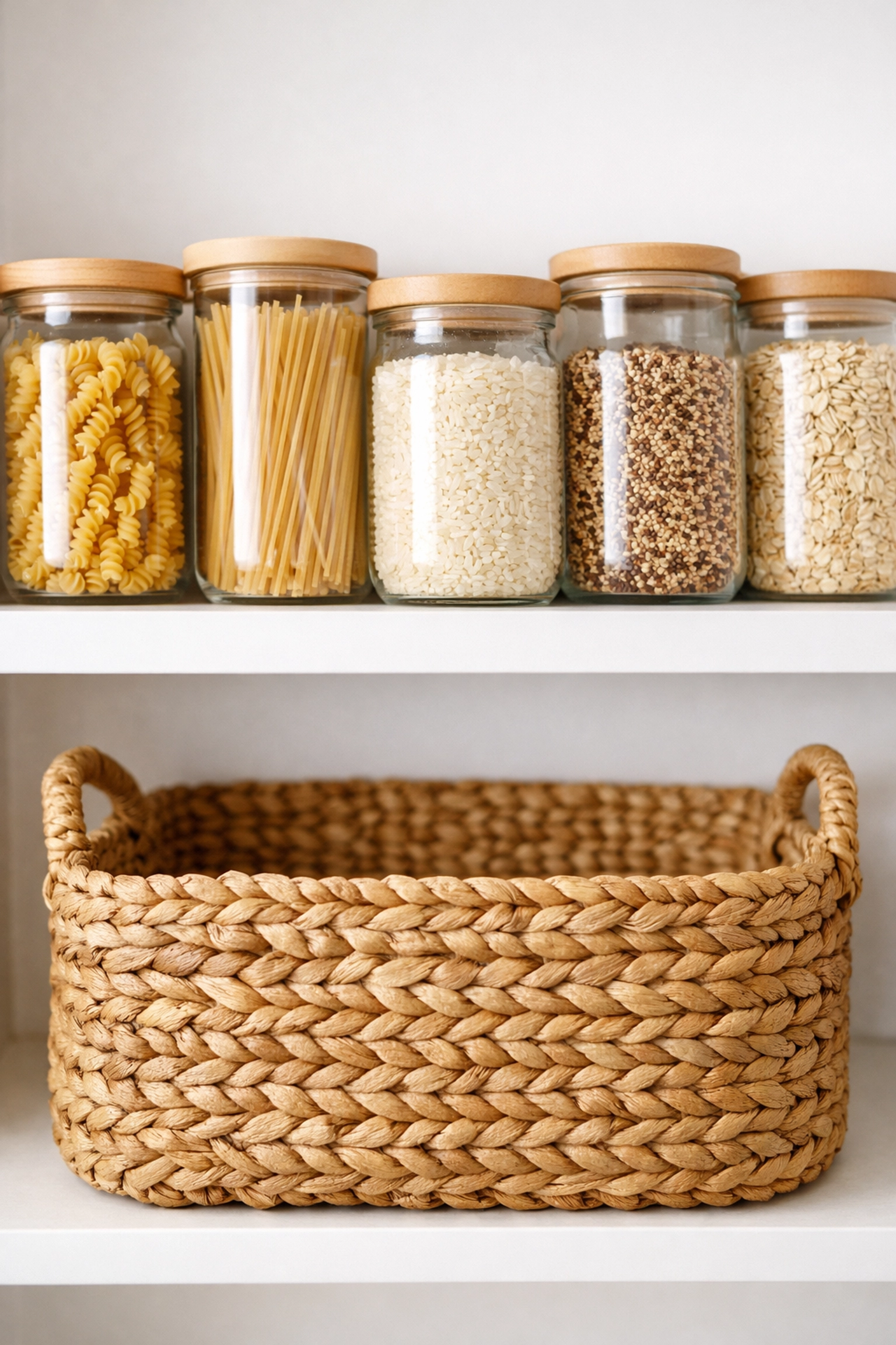 Pantry organization with glass dry food jars and a woven seagrass basket for a modern kitchen look.