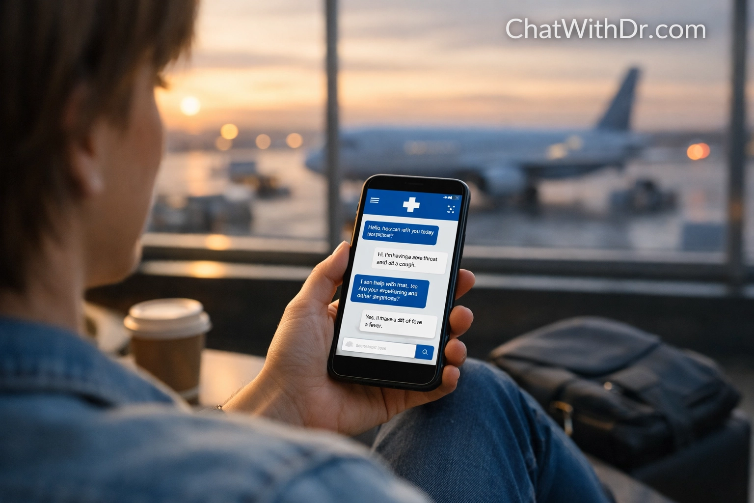 Traveler using a smartphone for a 24/7 online medical chat with a doctor in an airport lounge.