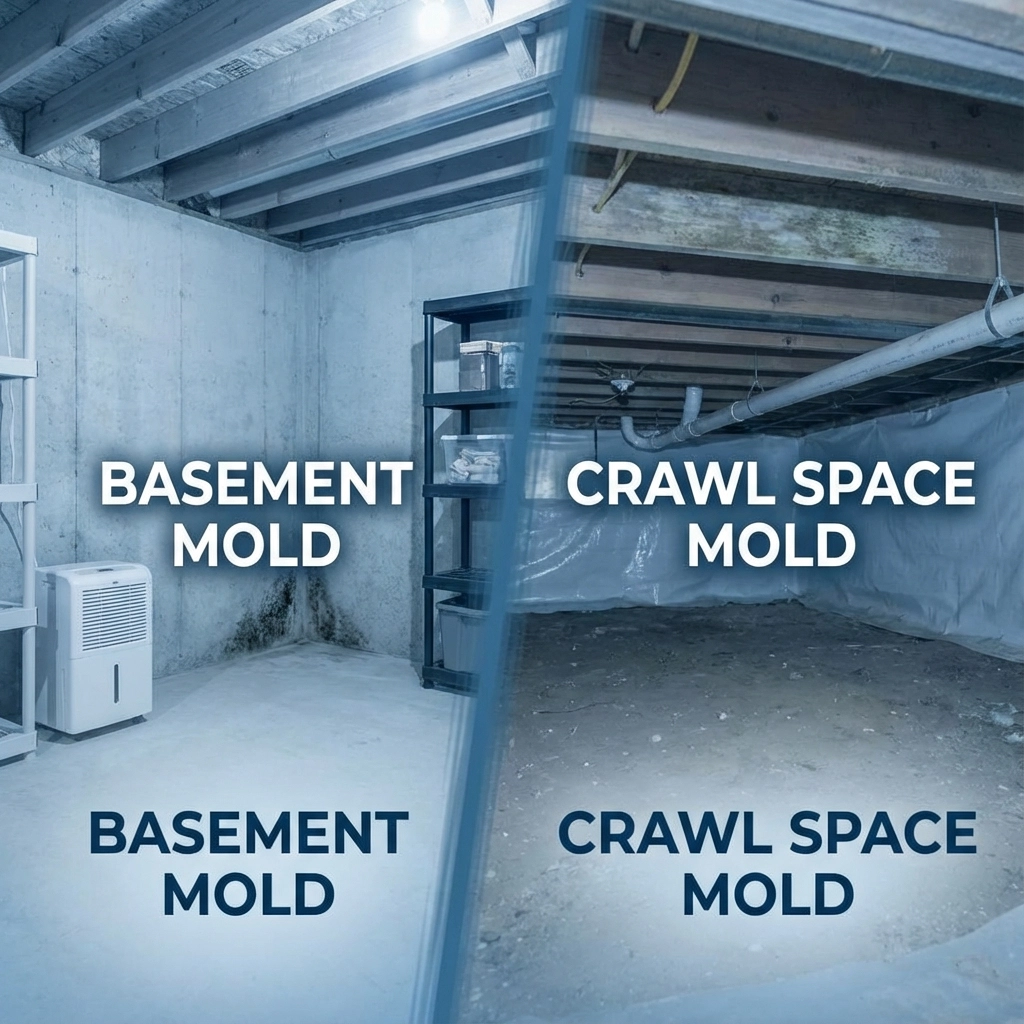 Basement vs Crawl Space Mold Comparison in York PA homes showing common problem areas