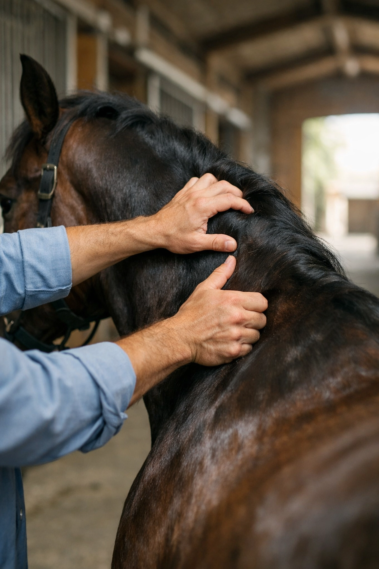 Professional equine chiropractor performing a precise neck adjustment on a dark bay horse in a stable.