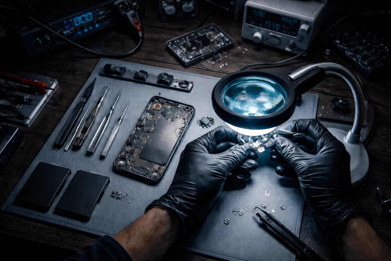 Professional workstation showing phone refurbishment process with tools and inspection for warranty-backed devices.