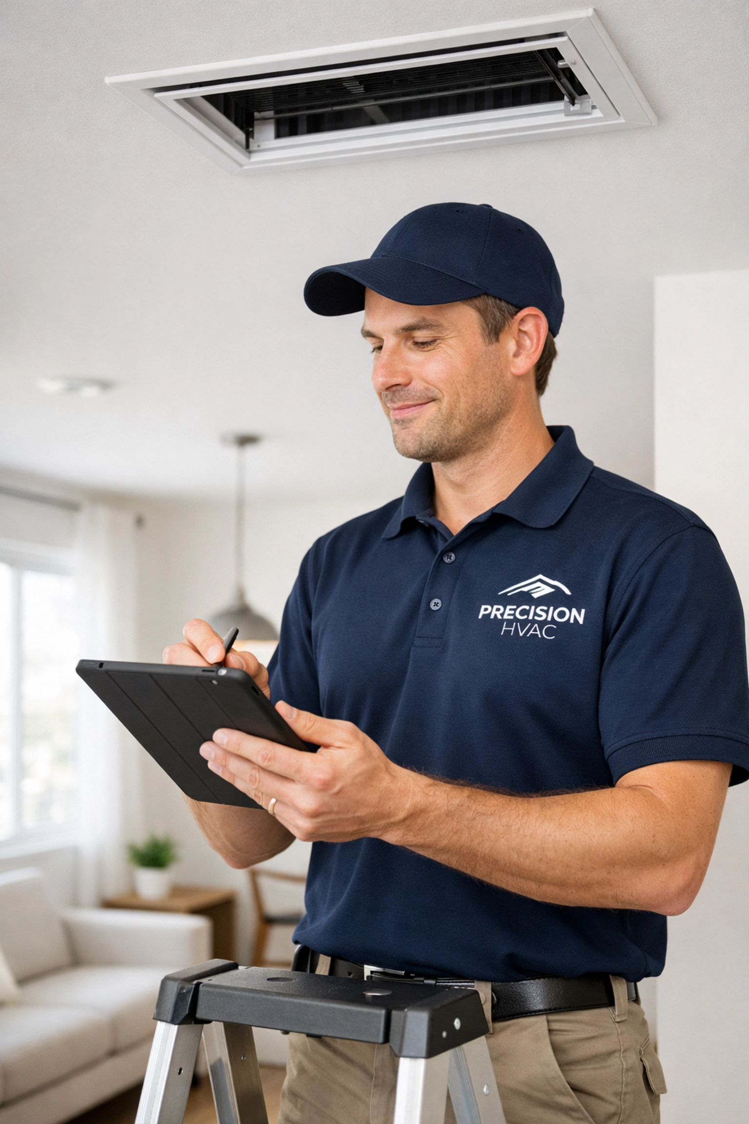 Maintenance technician performing preventive HVAC inspection in apartment unit