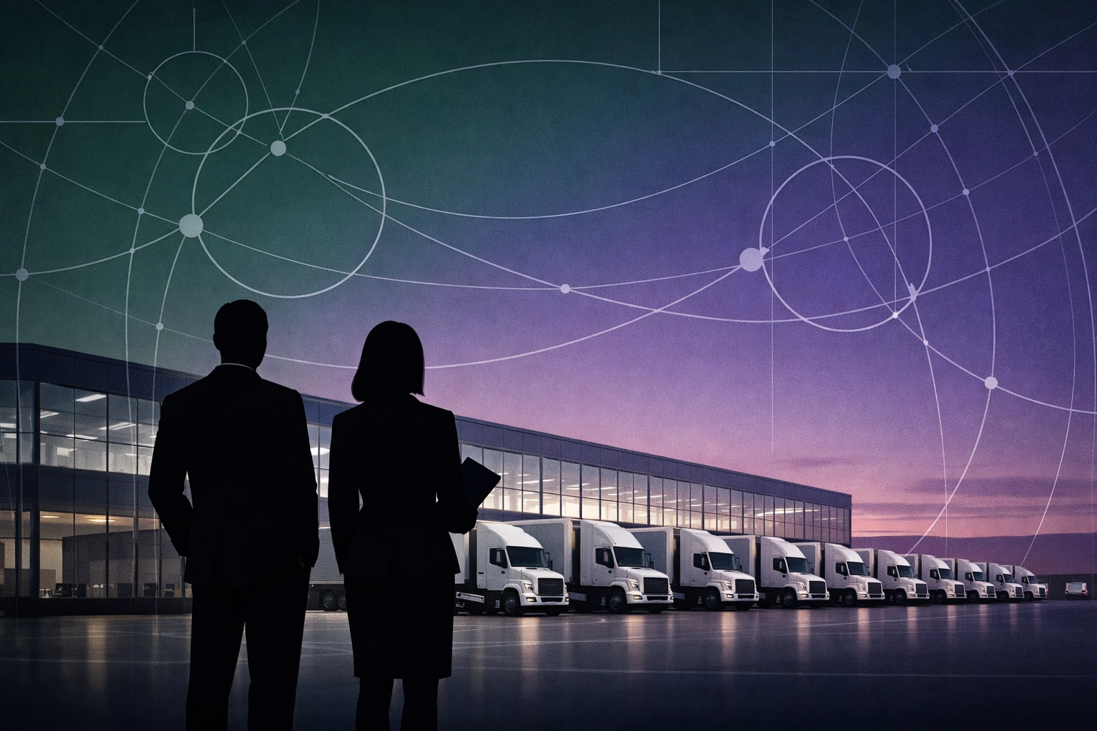 Professional logistics recruitment agency partners overseeing a fleet of trucks at a distribution center.